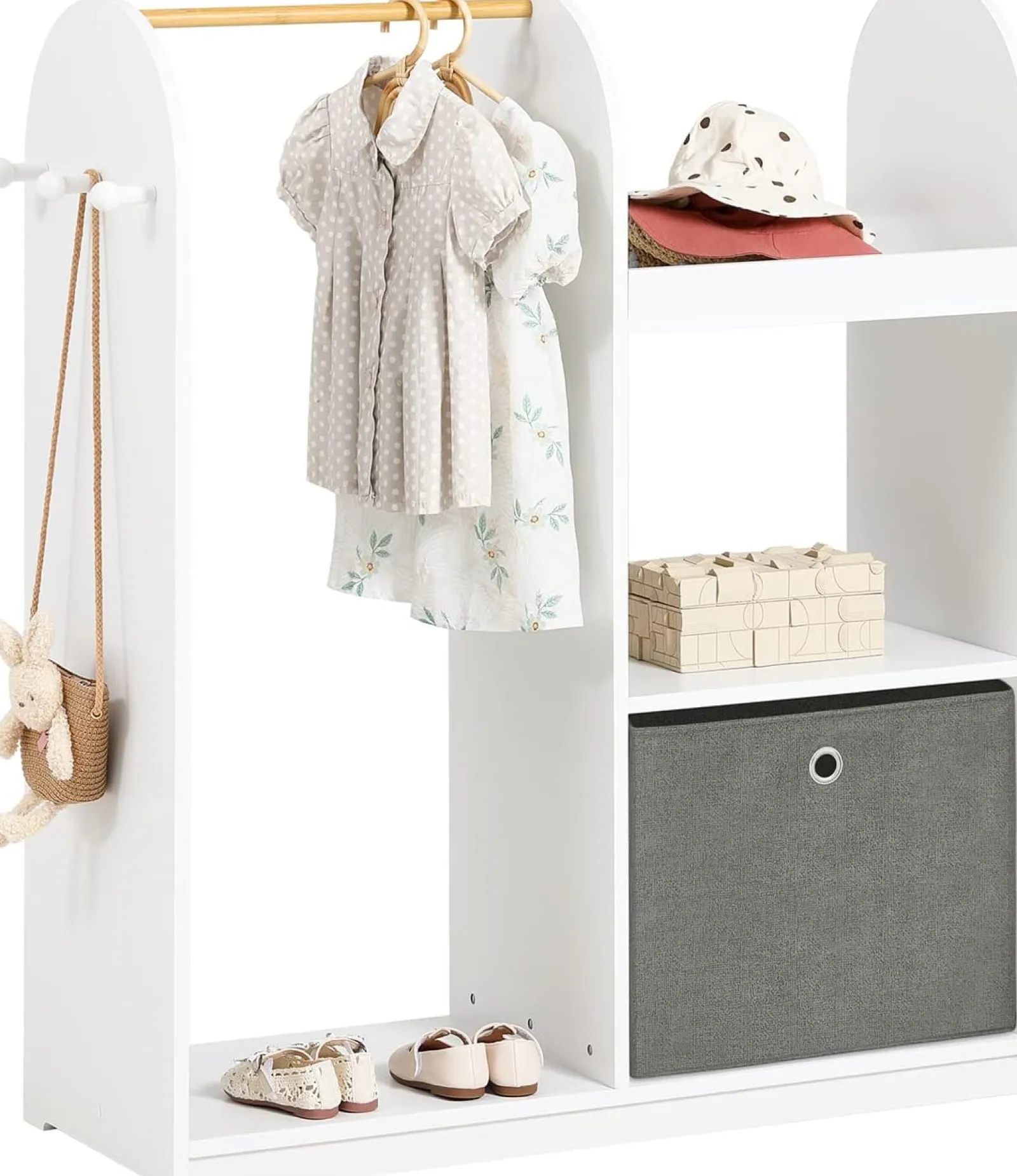 Little Helper Montessori Toys & Products | Clothes Rail & Dressing Up Rails | 3-in-1 Deluxe Montessori Dress Up Rail | Clothes Rail | Shelves | Storage Box | White | 1.08m High