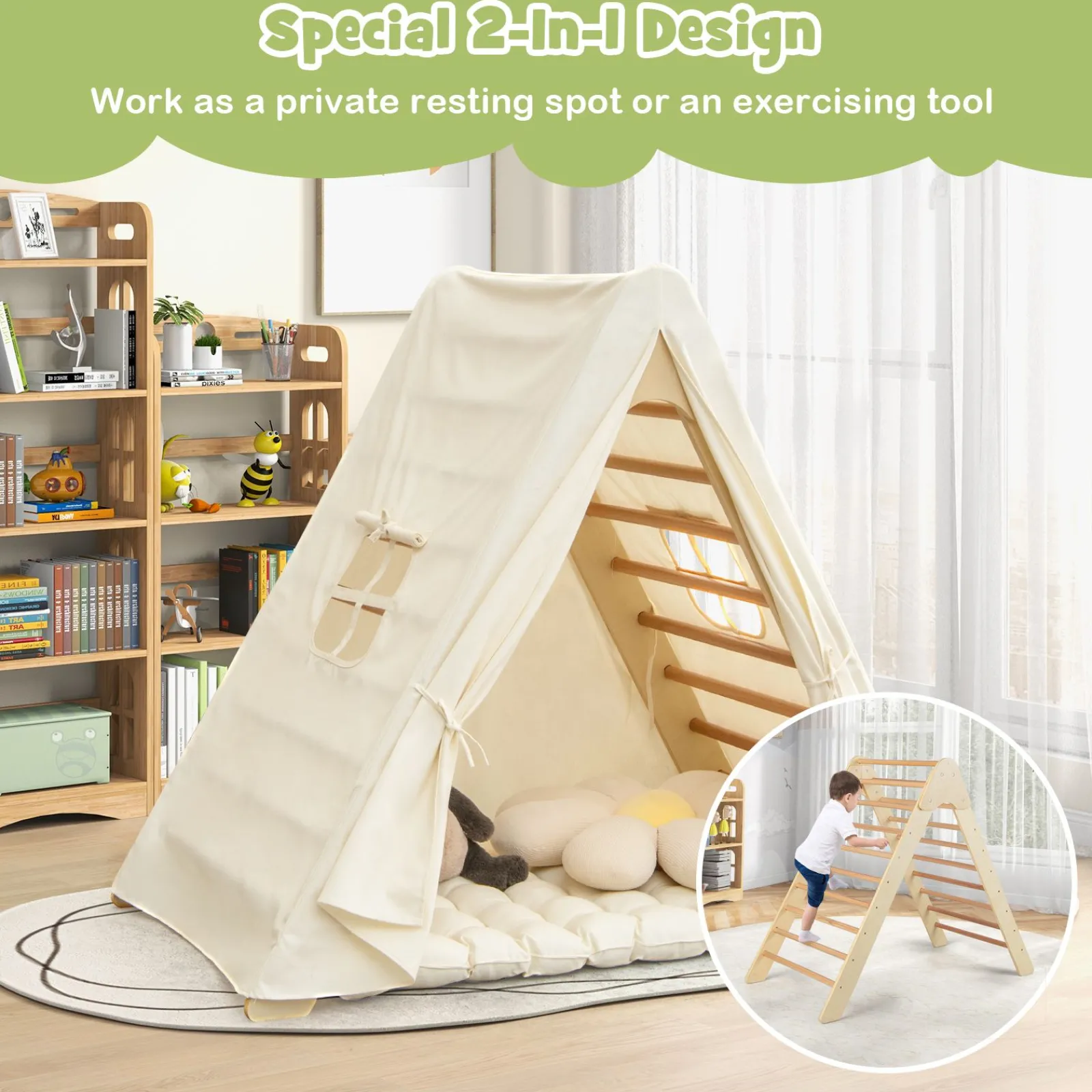 Little Helper Swing & Slide Sets & Garden Play & Trampolines | Kids Climbing Frames & Activity Toys | 3-in-1 Eco Wood Folding Climbing Frame | Montessori Pikler and Den | Tent with Mat | 12m+