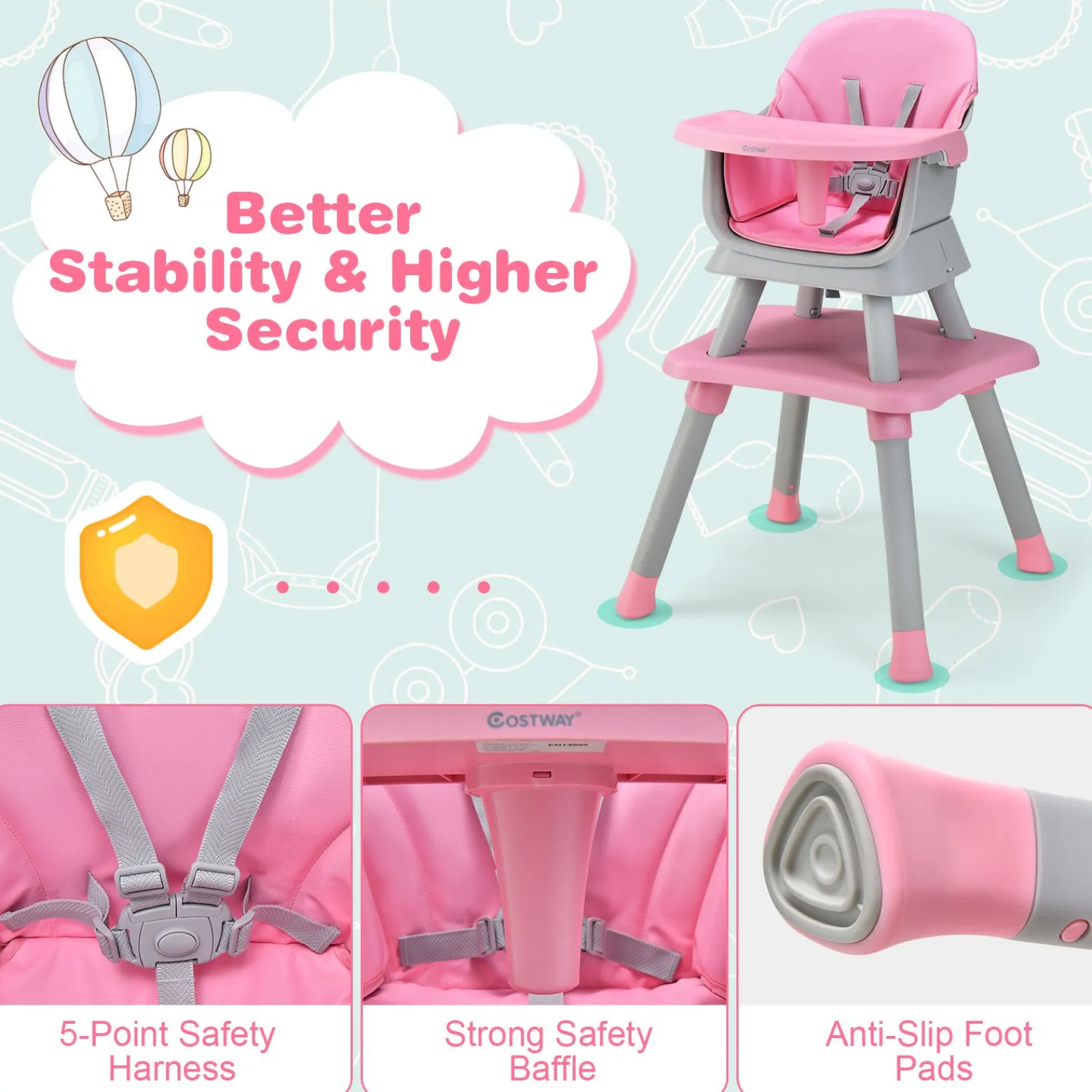 Little Helper High Chairs (plastic) | 6-in-1 Grow-with-me Baby High Chair | 5-Point Harness | Booster Seat | Table & Chair Set | Pink