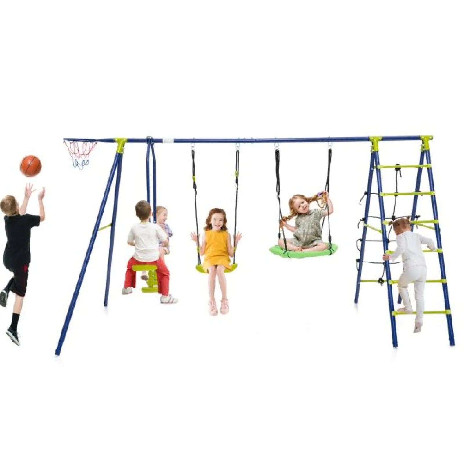 Little Helper Swing & Slide Sets & Garden Play & Trampolines | 6-in-1 Heavy Duty Anti-Rust Pikler Swing Set | Climbing Ladder | Seesaw | Basketball Hoop | Green | 3-12 Years