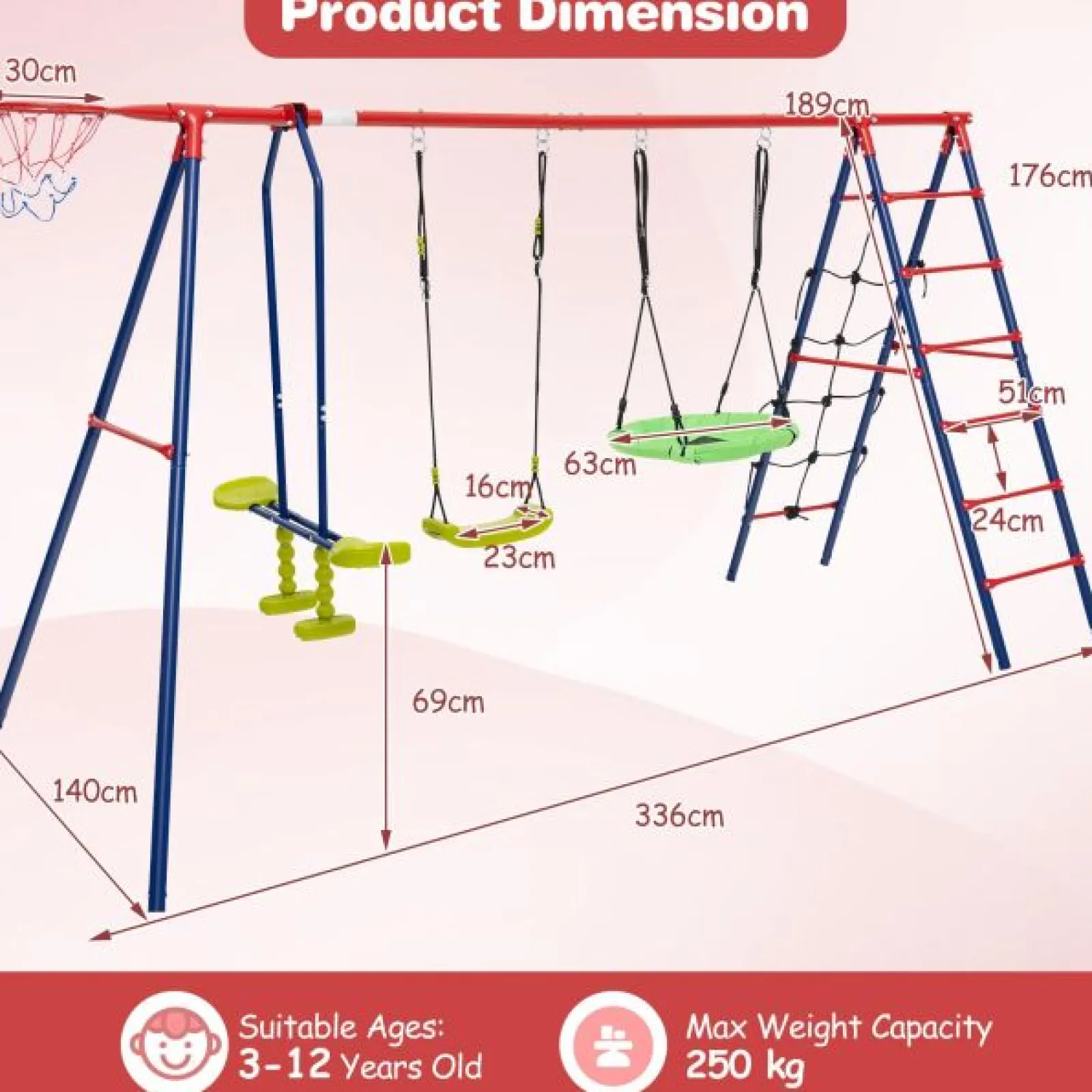 Little Helper Swing & Slide Sets & Garden Play & Trampolines | 6-in-1 Heavy Duty Anti-Rust Pikler Swing Set | Climbing Ladder | Seesaw | Basketball Hoop | Red | 3-12 Years