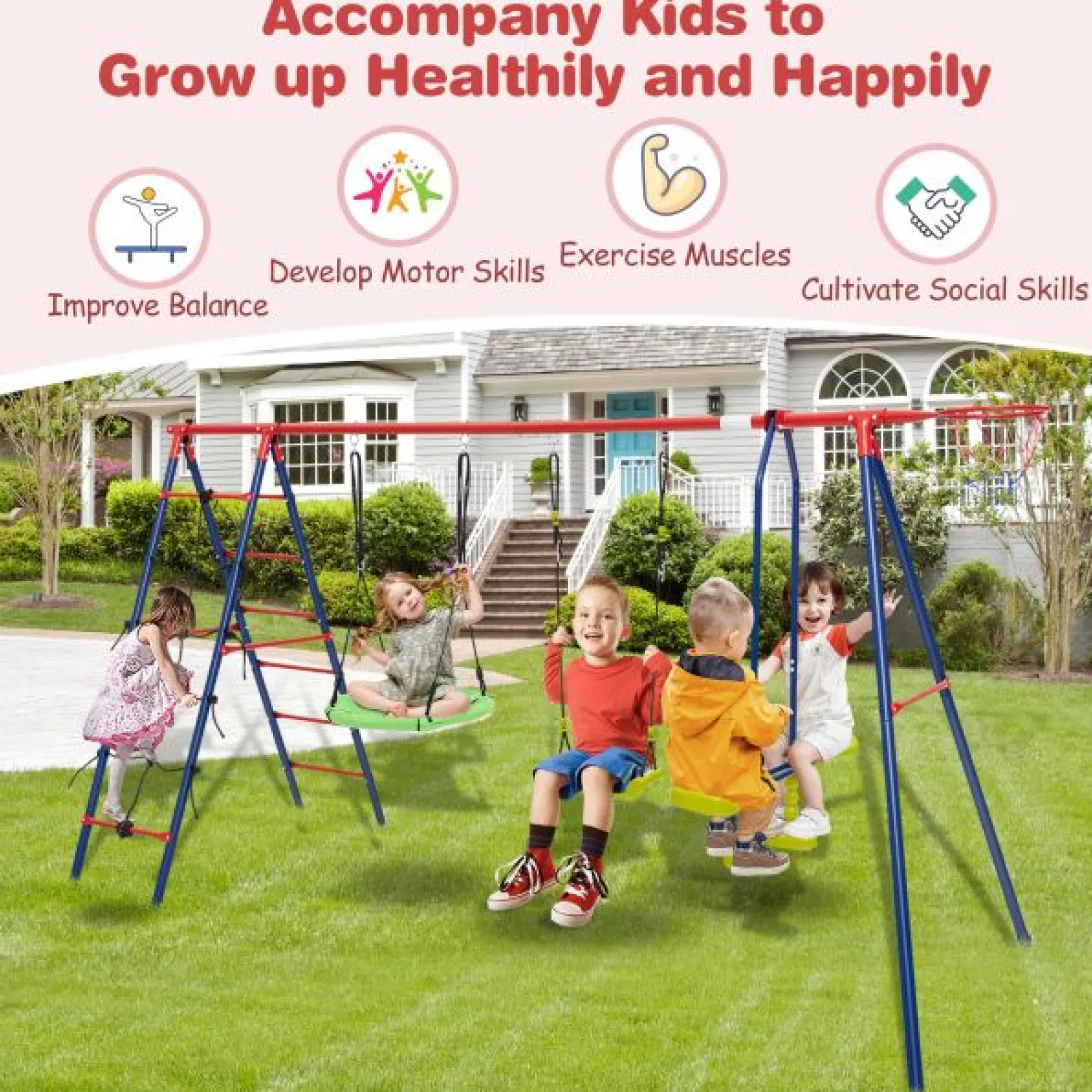 Little Helper Swing & Slide Sets & Garden Play & Trampolines | 6-in-1 Heavy Duty Anti-Rust Pikler Swing Set | Climbing Ladder | Seesaw | Basketball Hoop | Red | 3-12 Years