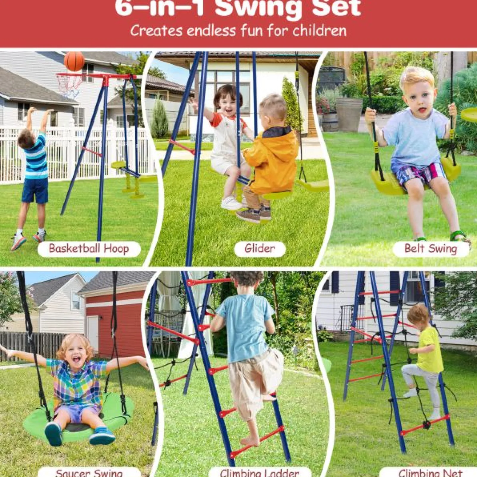 Little Helper Swing & Slide Sets & Garden Play & Trampolines | 6-in-1 Heavy Duty Anti-Rust Pikler Swing Set | Climbing Ladder | Seesaw | Basketball Hoop | Red | 3-12 Years