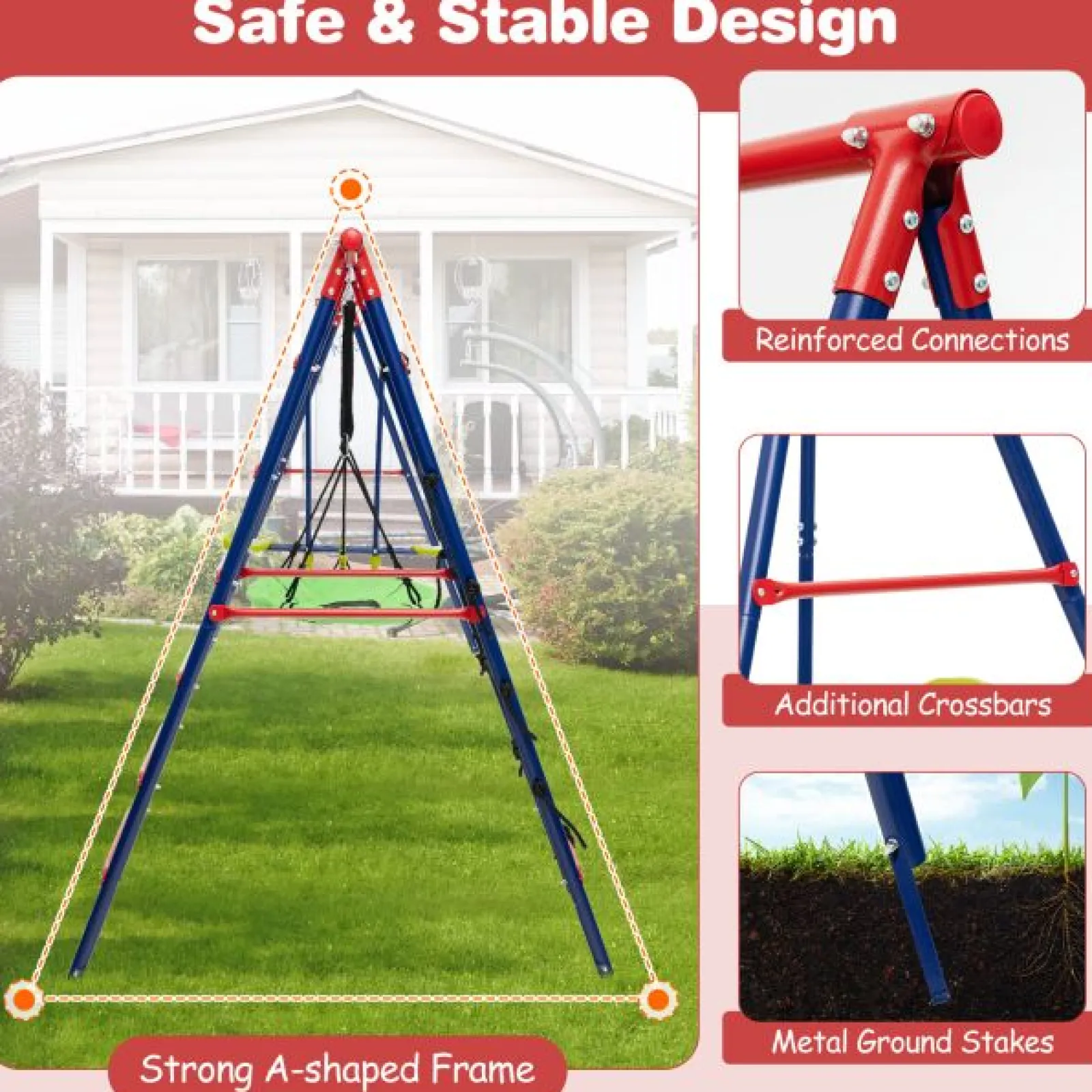 Little Helper Swing & Slide Sets & Garden Play & Trampolines | 6-in-1 Heavy Duty Anti-Rust Pikler Swing Set | Climbing Ladder | Seesaw | Basketball Hoop | Red | 3-12 Years