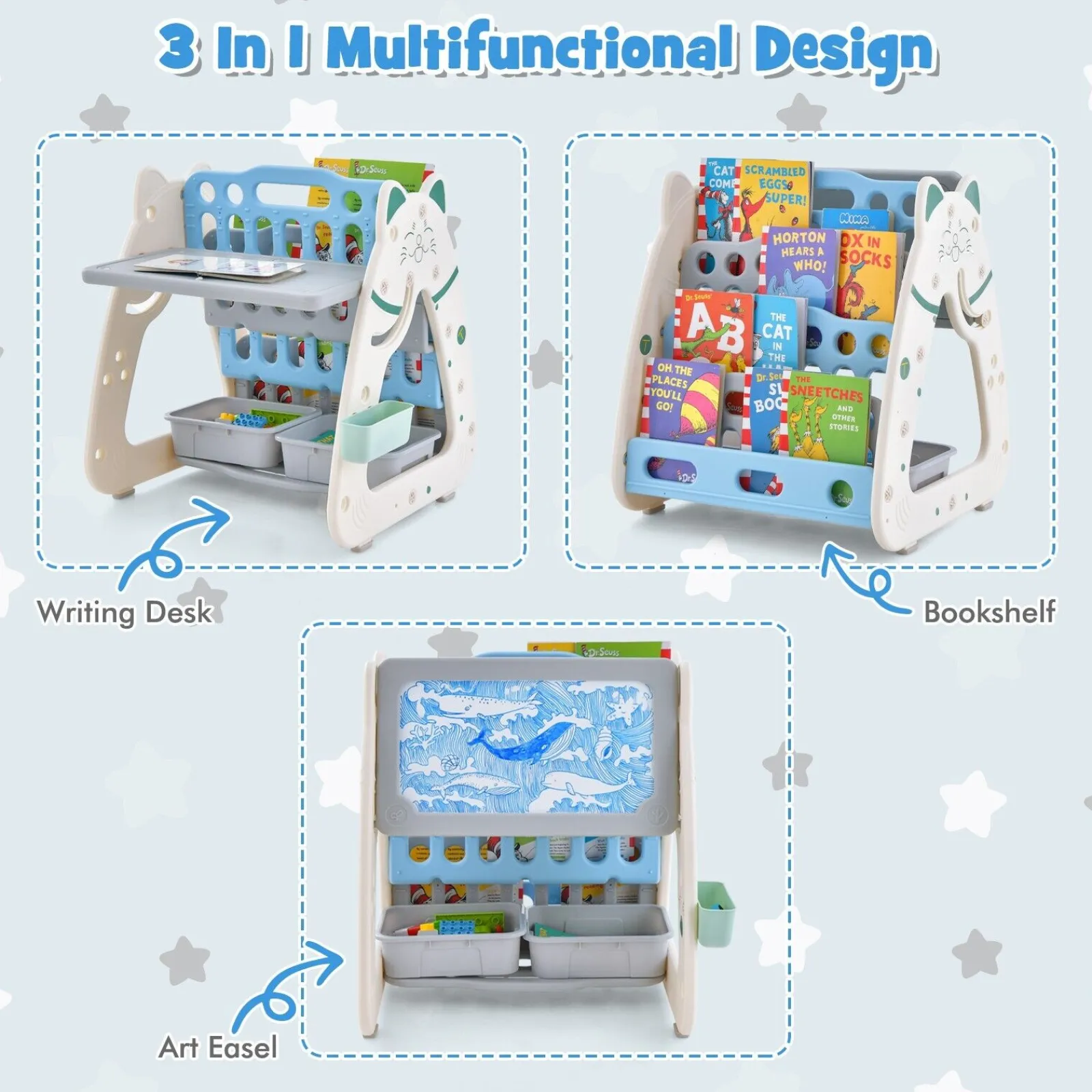 Little Helper Easels & Accessories | Kids Easels & Accessories | 3-in-1 Kids Height Adjustable Magnetic Dry Erase Easel | Desk | Bookcase & Stool | Blue/Grey