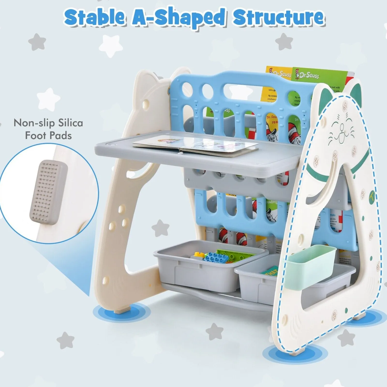 Little Helper Easels & Accessories | Kids Easels & Accessories | 3-in-1 Kids Height Adjustable Magnetic Dry Erase Easel | Desk | Bookcase & Stool | Blue/Grey