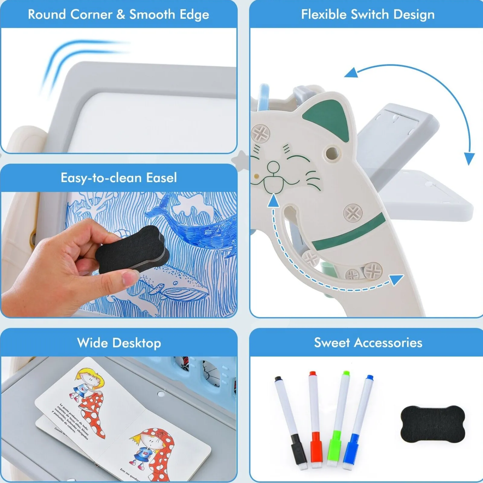 Little Helper Easels & Accessories | Kids Easels & Accessories | 3-in-1 Kids Height Adjustable Magnetic Dry Erase Easel | Desk | Bookcase & Stool | Blue/Grey