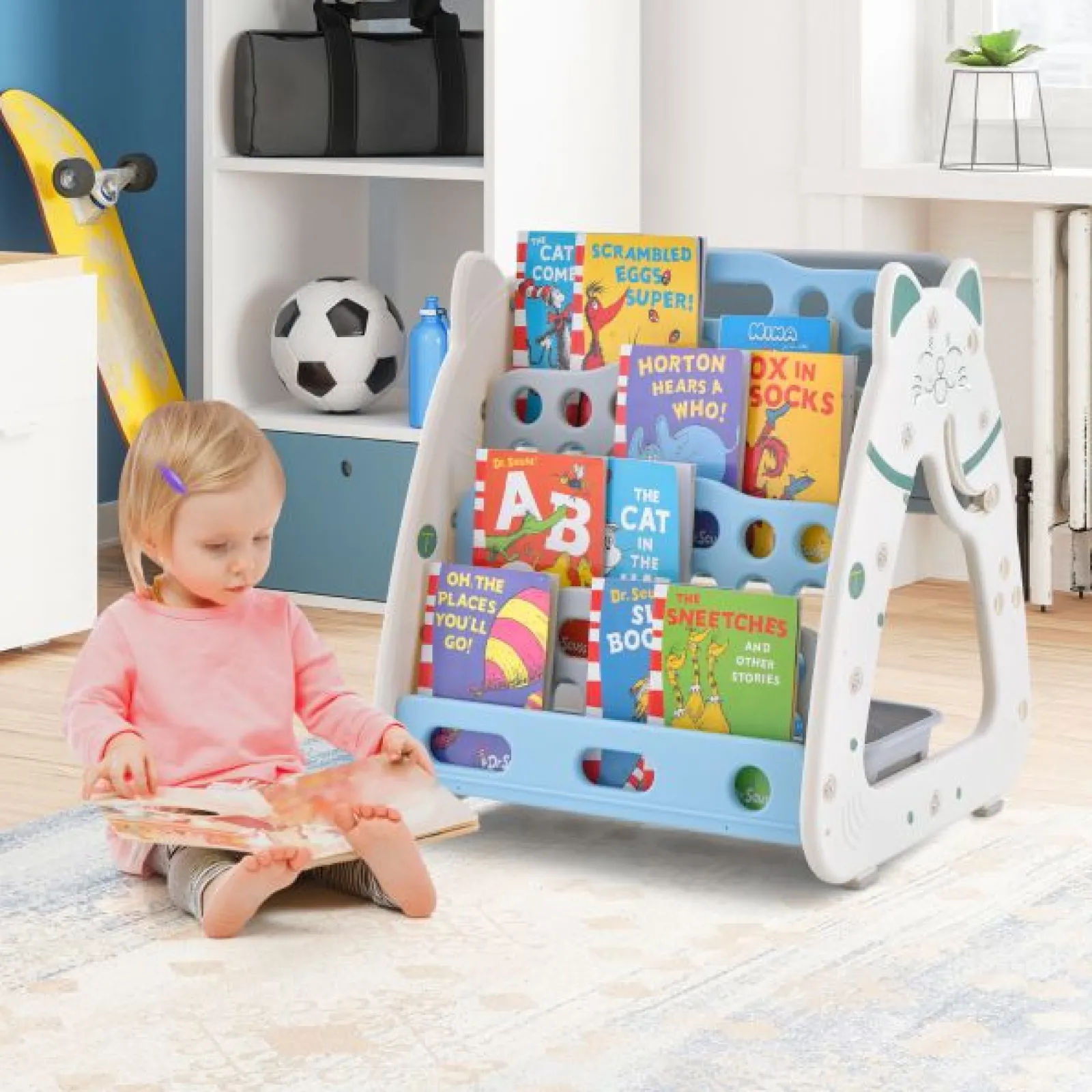 Little Helper Easels & Accessories | Kids Easels & Accessories | 3-in-1 Kids Height Adjustable Magnetic Dry Erase Easel | Desk | Bookcase & Stool | Blue/Grey