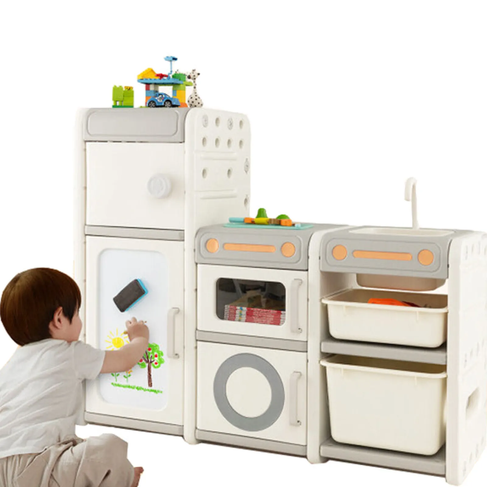 Little Helper Toy Kitchens | Toy Box & Blanket Box | 3-in-1 Large Montessori Toy Kitchen | Magnetic White Board | Toy Storage Unit