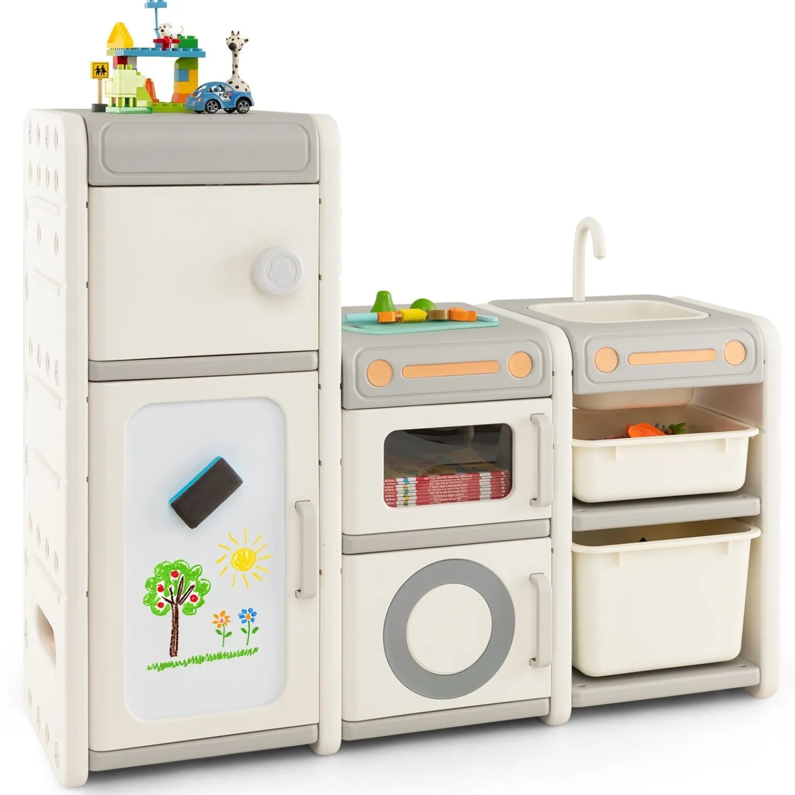 Little Helper Toy Kitchens | Toy Box & Blanket Box | 3-in-1 Large Montessori Toy Kitchen | Magnetic White Board | Toy Storage Unit