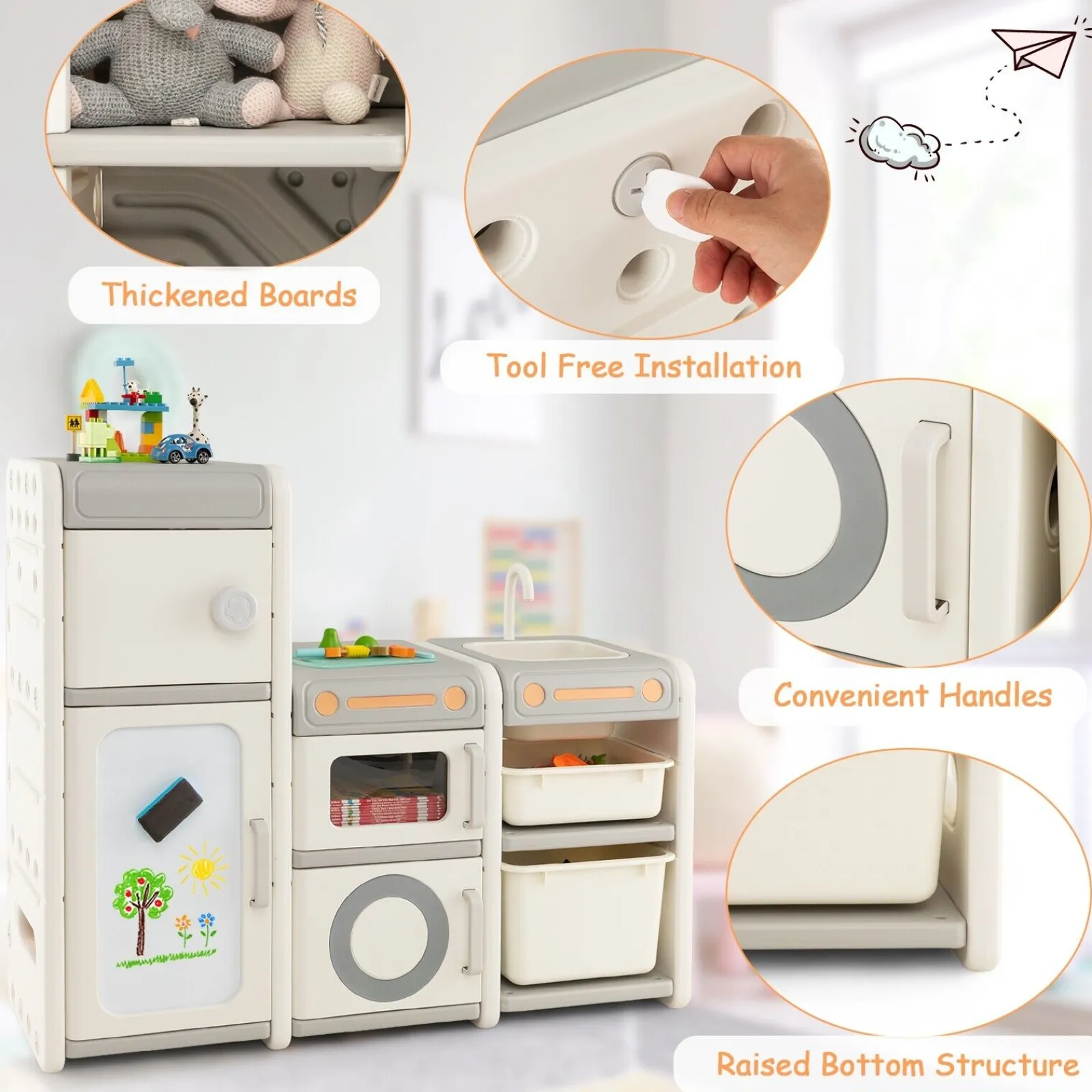 Little Helper Toy Kitchens | Toy Box & Blanket Box | 3-in-1 Large Montessori Toy Kitchen | Magnetic White Board | Toy Storage Unit