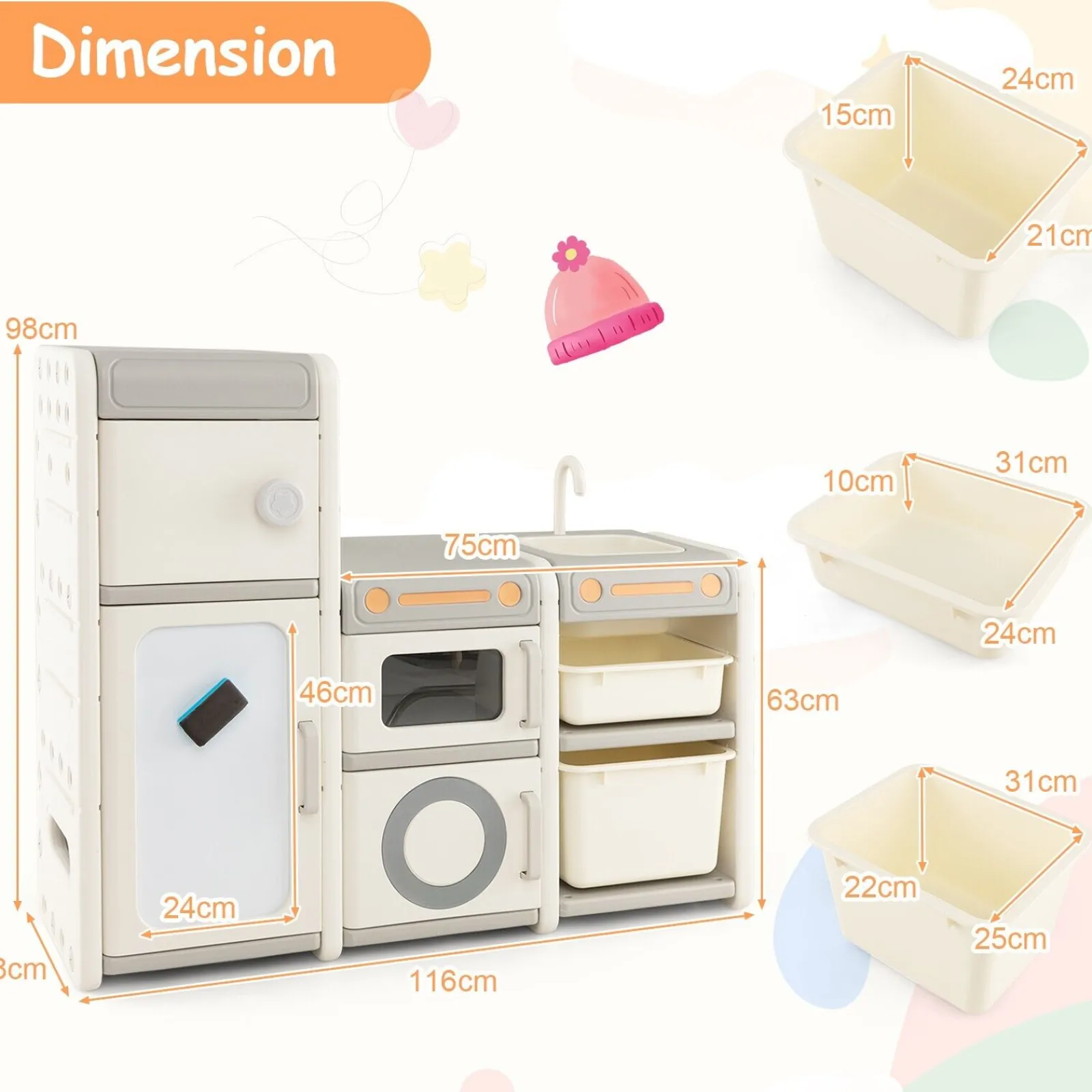 Little Helper Toy Kitchens | Toy Box & Blanket Box | 3-in-1 Large Montessori Toy Kitchen | Magnetic White Board | Toy Storage Unit