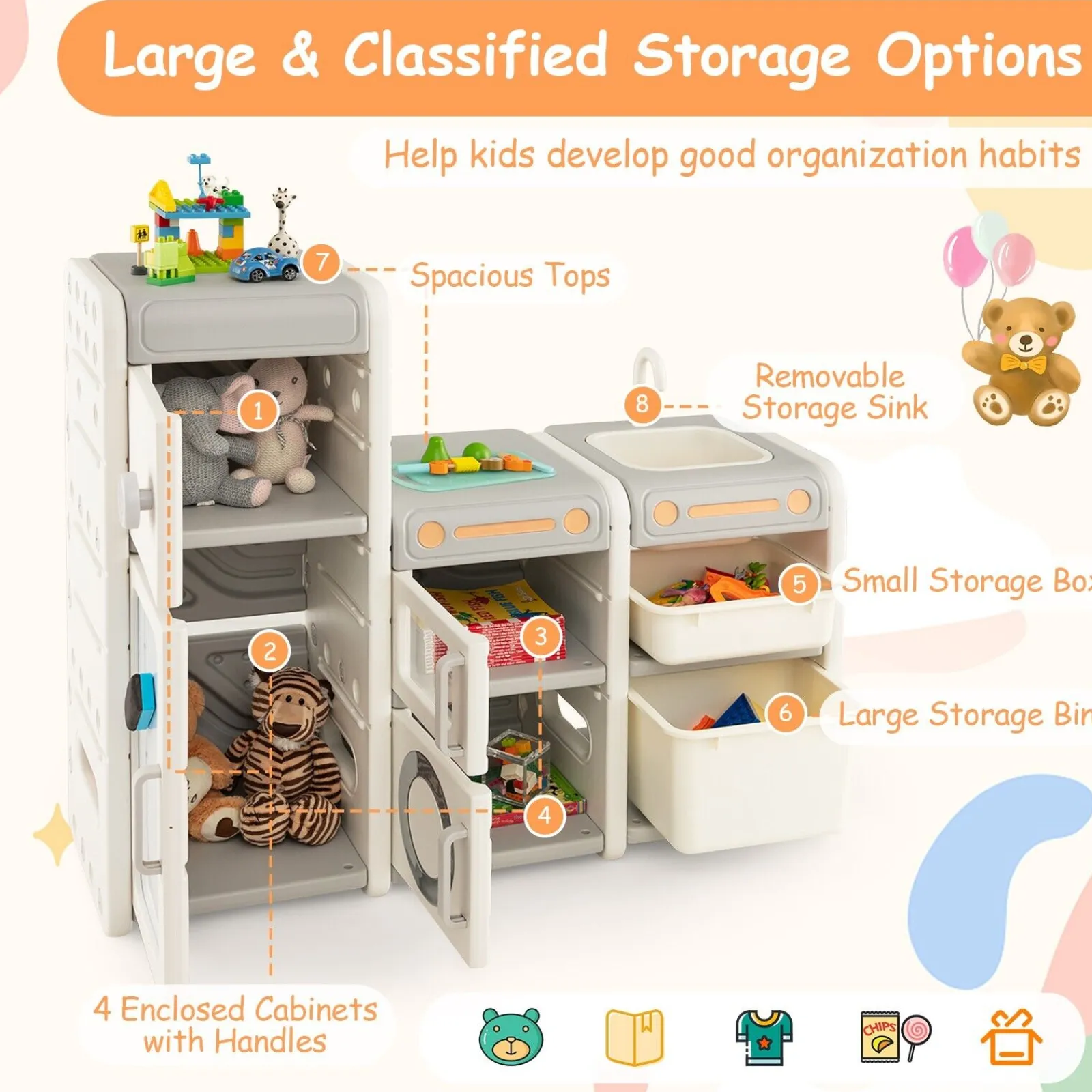 Little Helper Toy Kitchens | Toy Box & Blanket Box | 3-in-1 Large Montessori Toy Kitchen | Magnetic White Board | Toy Storage Unit