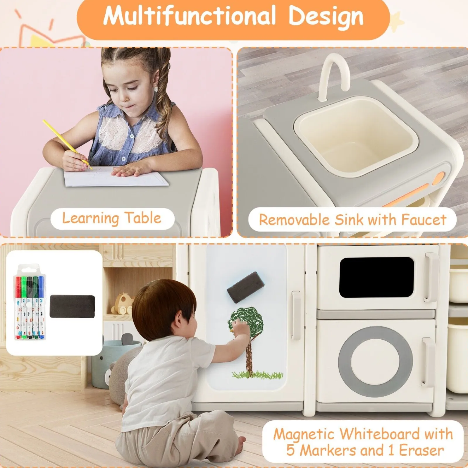 Little Helper Toy Kitchens | Toy Box & Blanket Box | 3-in-1 Large Montessori Toy Kitchen | Magnetic White Board | Toy Storage Unit
