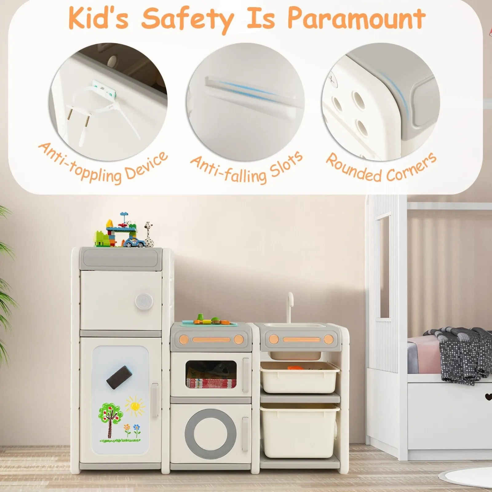 Little Helper Toy Kitchens | Toy Box & Blanket Box | 3-in-1 Large Montessori Toy Kitchen | Magnetic White Board | Toy Storage Unit