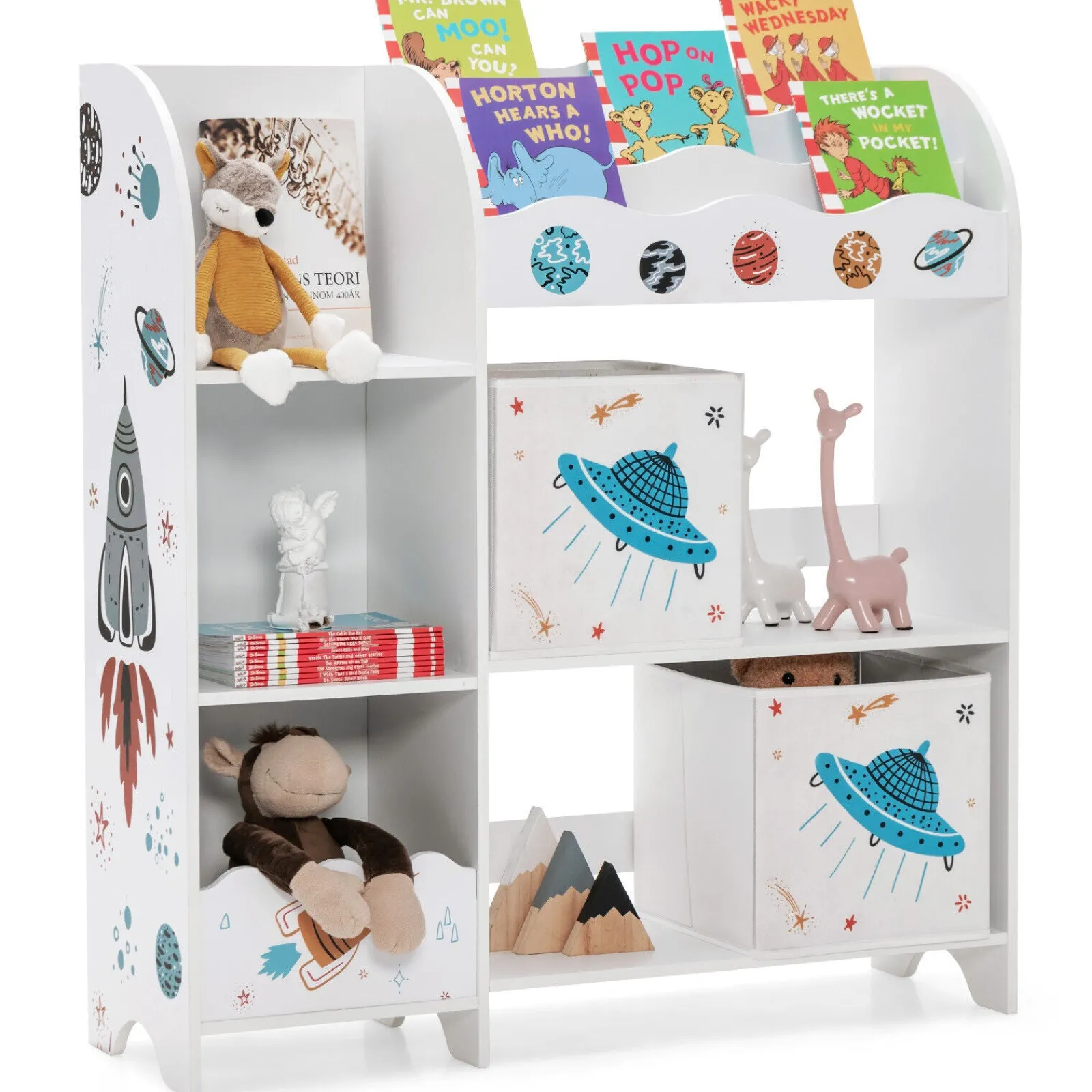 Little Helper Toy Storage Units | Toy Storage Units | 2-in-1 Montessori Bookshelf & Toy Storage Unit | Wooden Storage | Space Theme | White