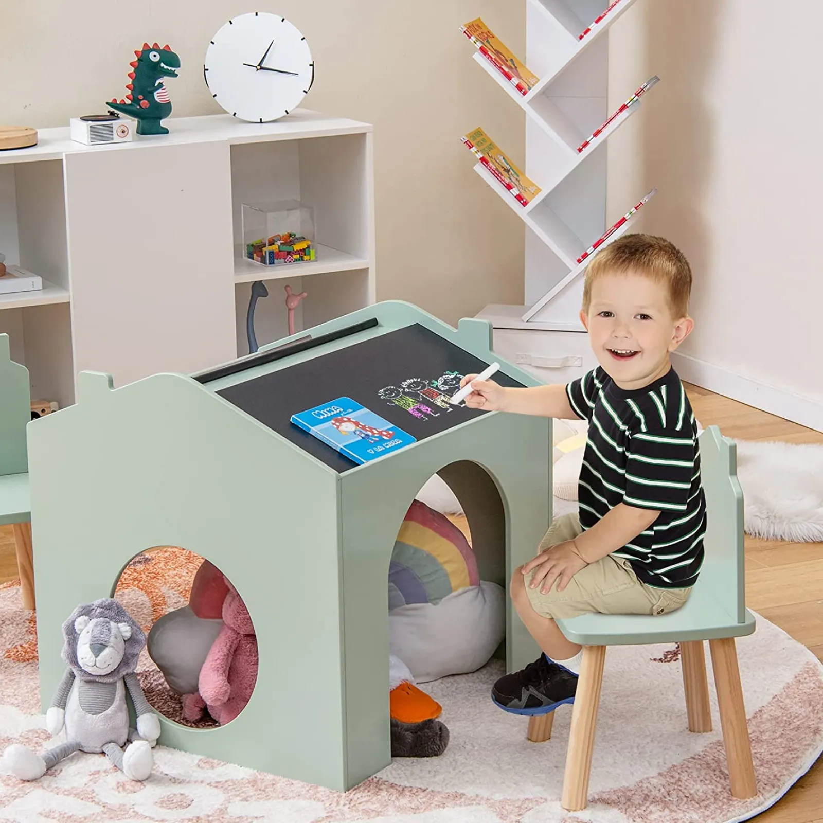 Little Helper Table & Chairs (wooden) | 3-in-1 Spine-Supporting Wooden Table 2 Chairs | Chalkboards | House | Den | 3 years+