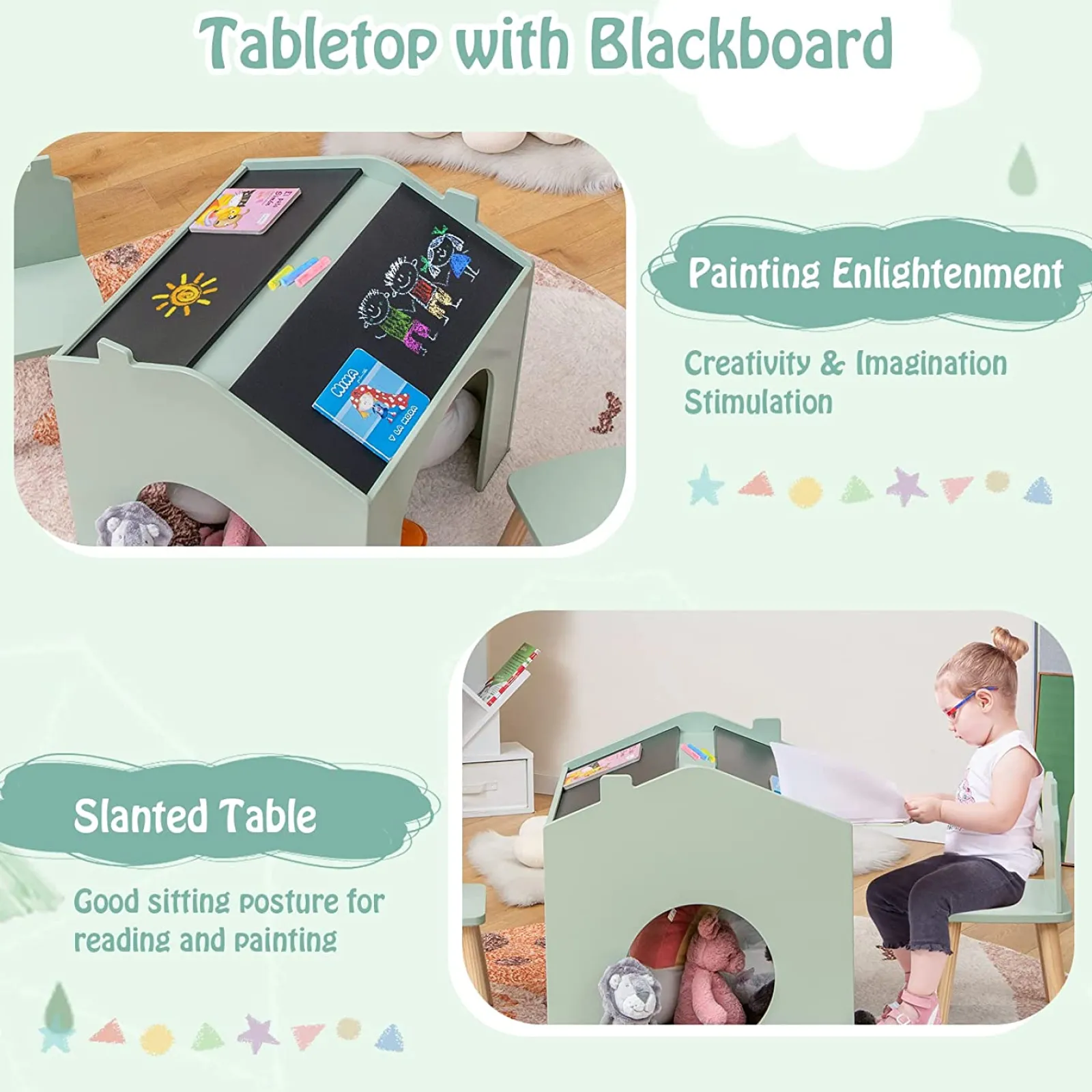 Little Helper Table & Chairs (wooden) | 3-in-1 Spine-Supporting Wooden Table 2 Chairs | Chalkboards | House | Den | 3 years+