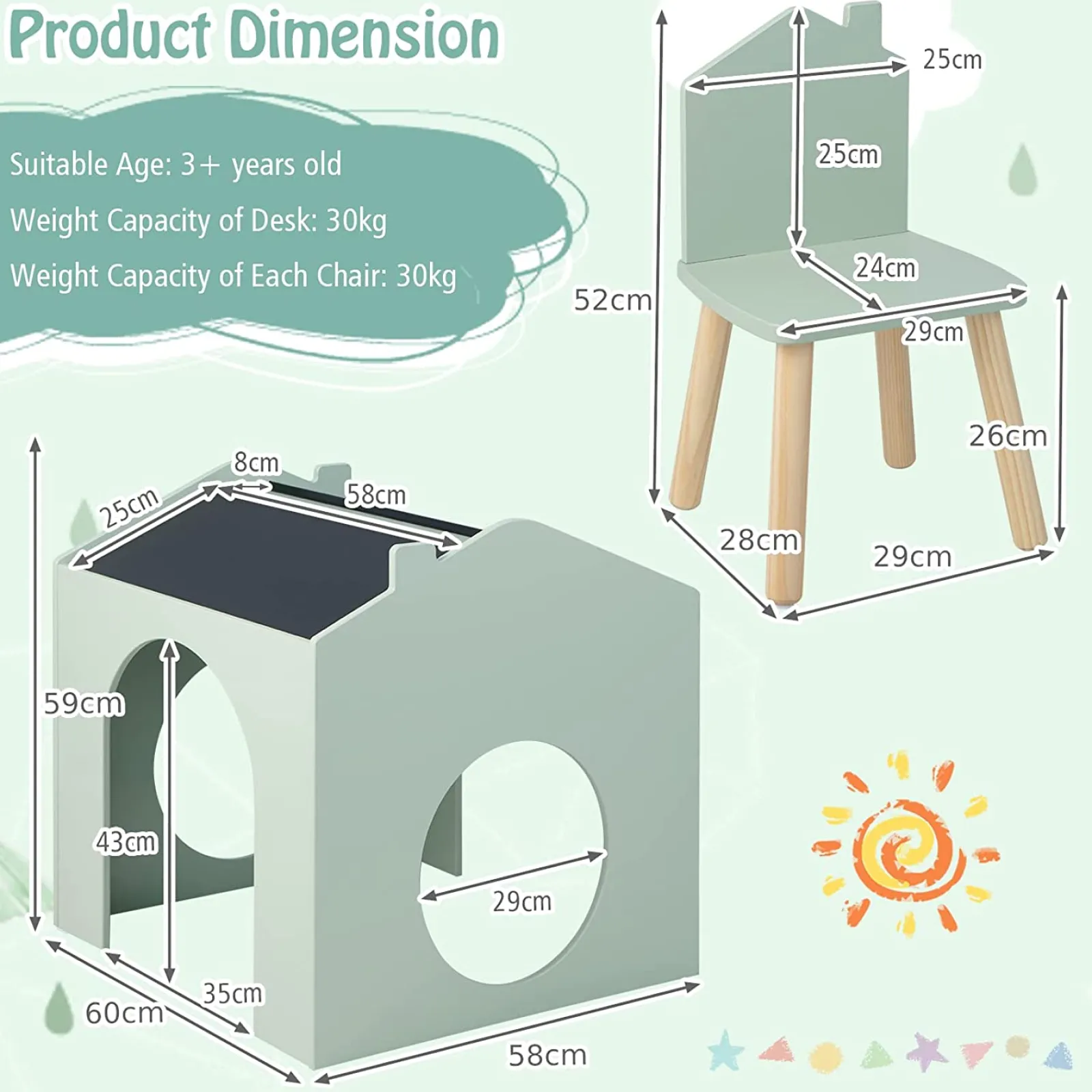 Little Helper Table & Chairs (wooden) | 3-in-1 Spine-Supporting Wooden Table 2 Chairs | Chalkboards | House | Den | 3 years+
