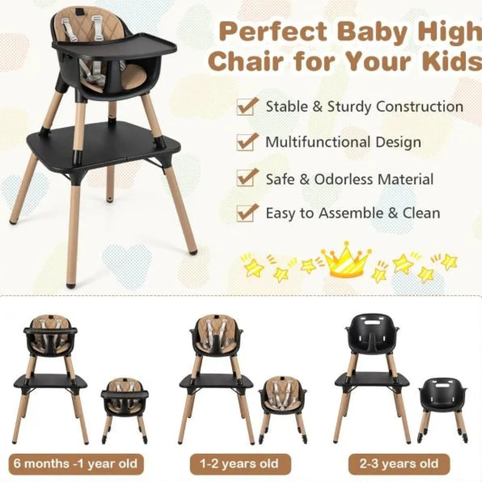 Little Helper High Chairs (wooden) | High Chairs (plastic) | 5-In-1 Wooden Baby High Chair & Childrens Table & Chair | 5 Point Harness | Black & Beige | 6m - 3 Years