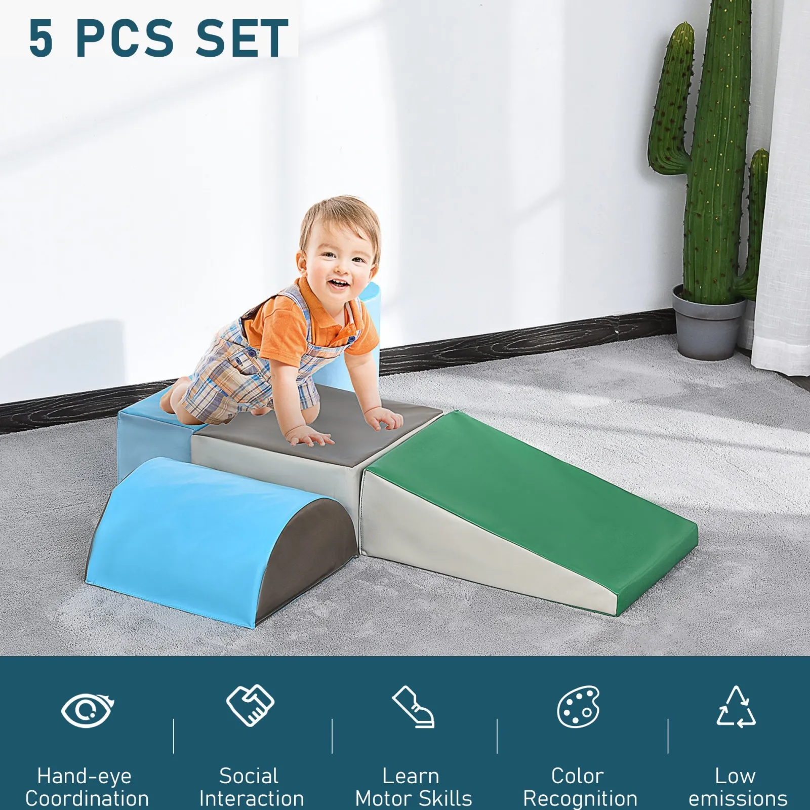 Little Helper Swing & Slide Sets & Garden Play & Trampolines | Kids Climbing Frames & Activity Toys | Indoor Soft Play Equipment | Montessori 5 Piece Foam Play Set | Soft Play Slide | Blue & Green | 1-3 years