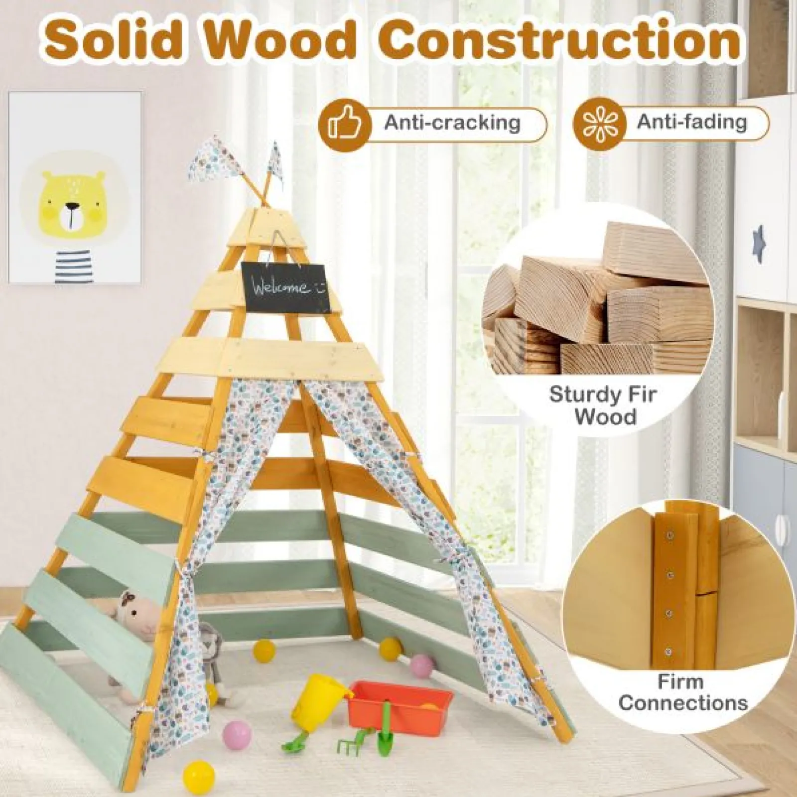 Little Helper Role Play Toys & Pretend Play | Playhouses, Teepees & Dens | Kids Eco Conscious Natural Wooden Montessori Teepee | Playhouse or Den with Curtains | 1.7m High