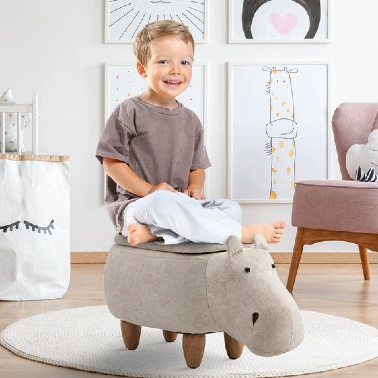 Little Helper Toy Box & Blanket Box | Toy Box & Blanket Box | Kids 4-in-1 Stool, Storage Box, Footrest & Seat | Super Cute Hippo Design