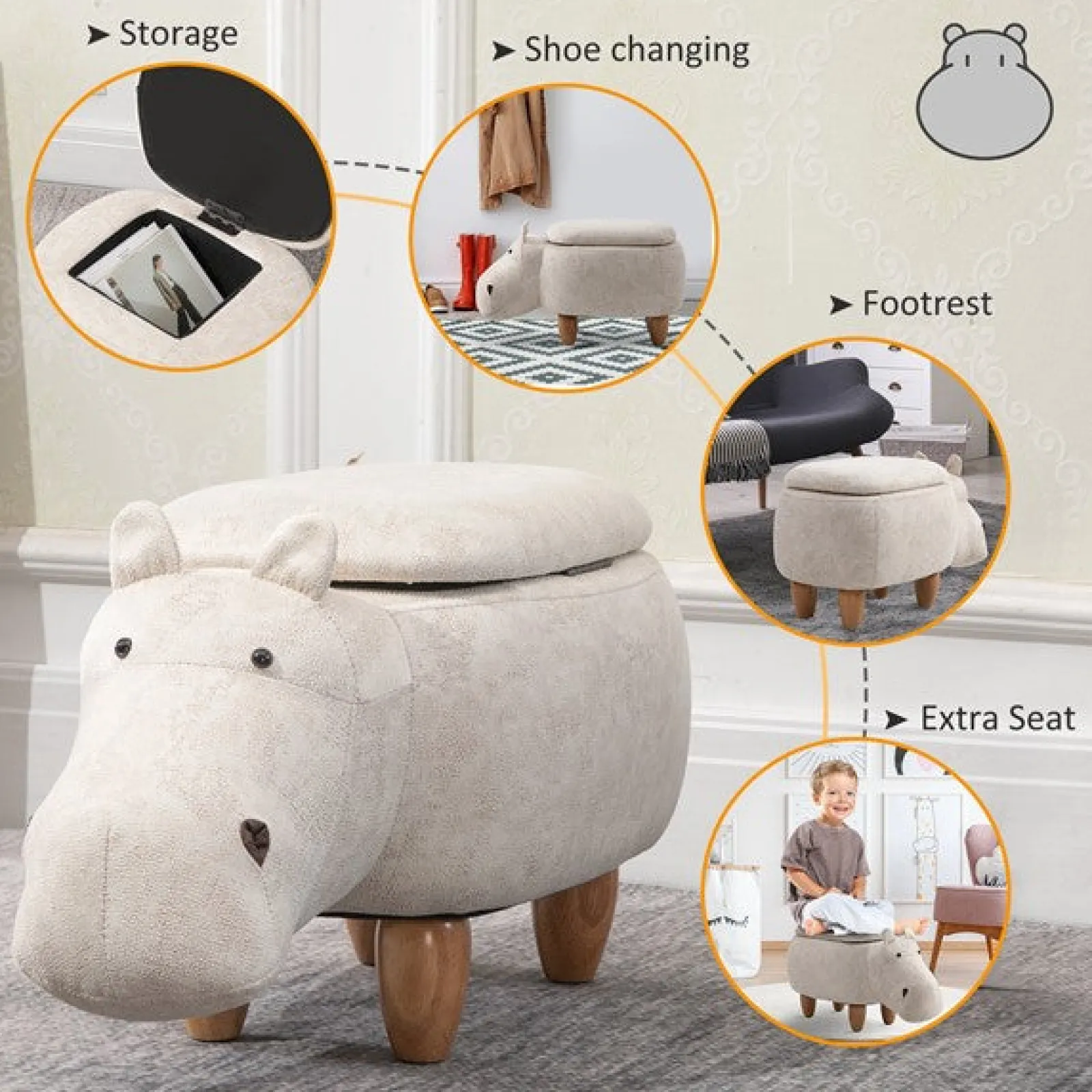 Little Helper Toy Box & Blanket Box | Toy Box & Blanket Box | Kids 4-in-1 Stool, Storage Box, Footrest & Seat | Super Cute Hippo Design