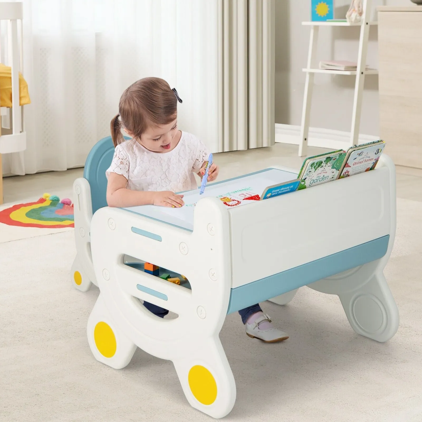 Little Helper Toy Storage Units | Toy Storage Units | Kids 2-in-1 Table & Chair Set with Whiteboard Top & Storage | Toddler Activity Table | Eraser & Dry-Wipe Pens