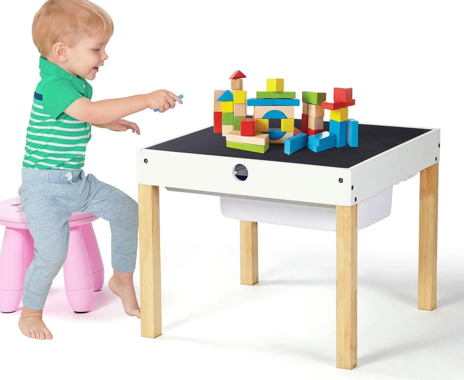 Little Helper Table & Chairs (wooden) | Kids 4-in-1 Wooden Multi-activity Table | Reversible Desk Top | Blackboard Desk | Storage | Pink Stool