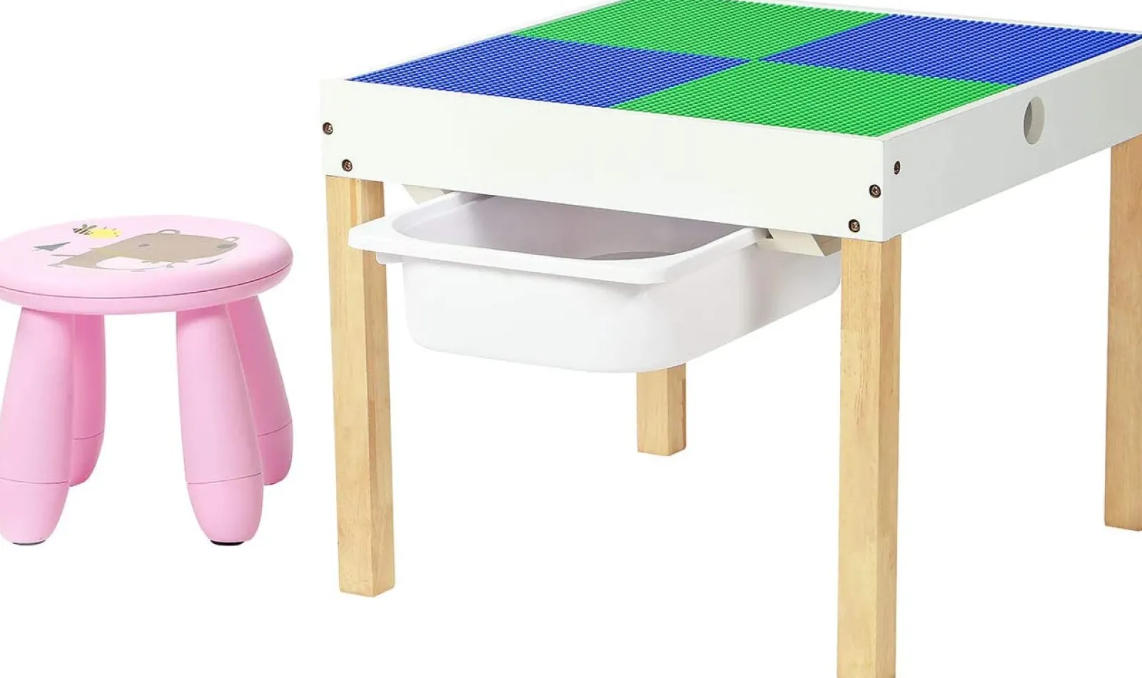 Little Helper Table & Chairs (wooden) | Kids 4-in-1 Wooden Multi-activity Table | Reversible Desk Top | Blackboard Desk | Storage | Pink Stool