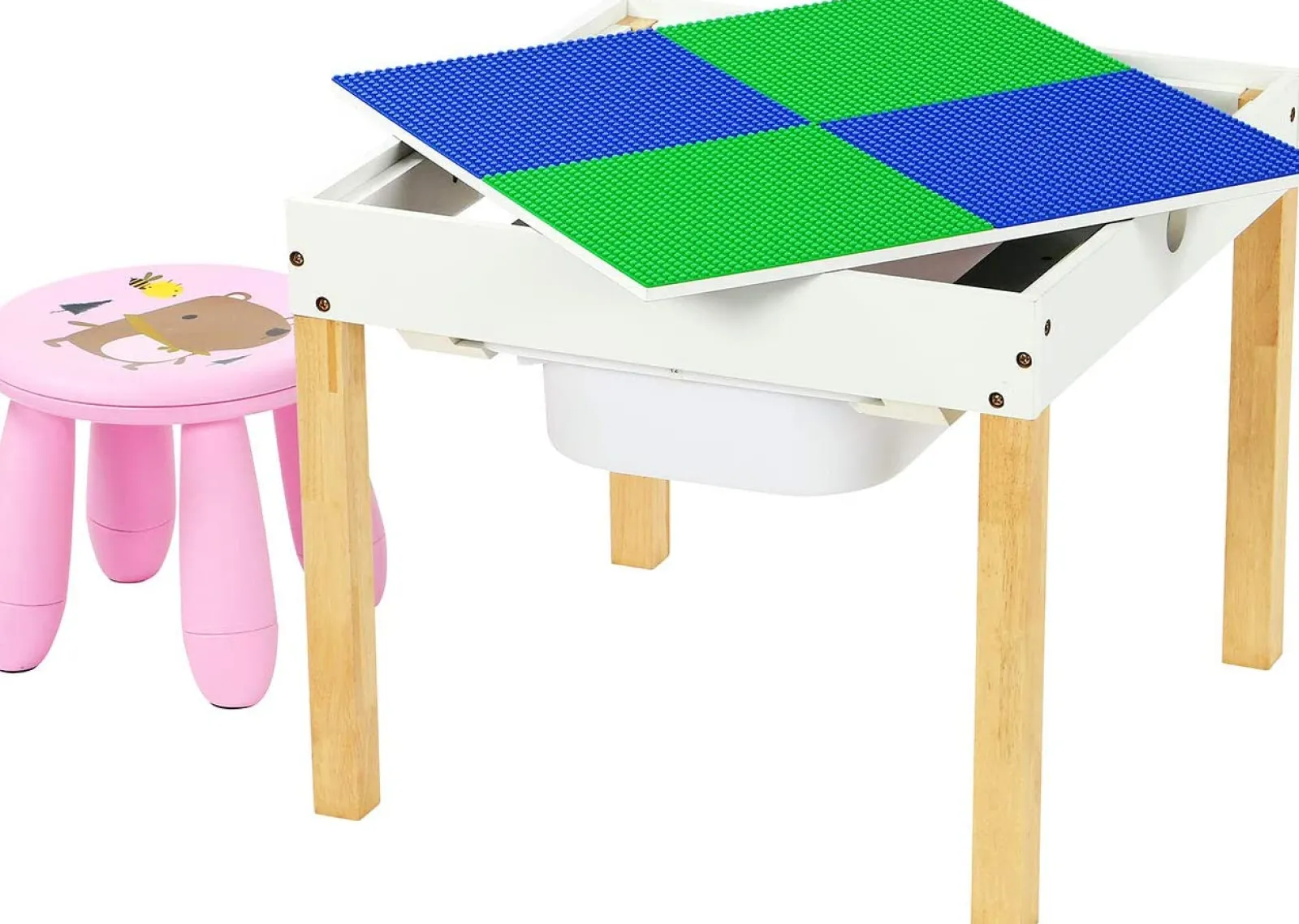 Little Helper Table & Chairs (wooden) | Kids 4-in-1 Wooden Multi-activity Table | Reversible Desk Top | Blackboard Desk | Storage | Pink Stool