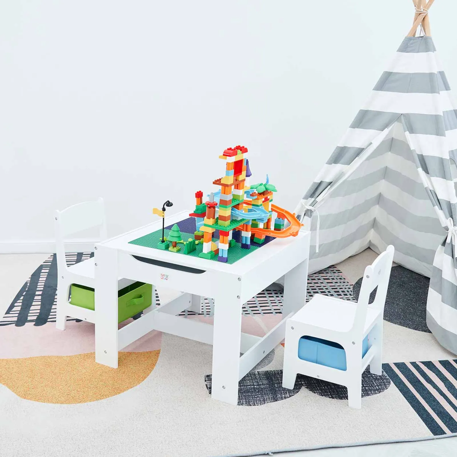Little Helper Table & Chairs (wooden) | Kids 3-in-1 Wooden Table & Chairs | Reversible Top | Lego Board | Storage Drawers | 3 Years+