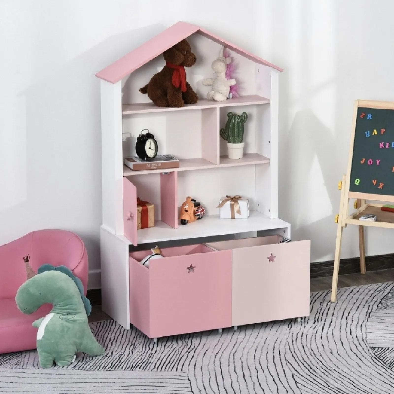 Little Helper Toy Storage Units | Toy Storage Units | Kids Large Bookshelf | Kids Bookcase with Drawers | Toy Storage | Pink & White | 3 Years+