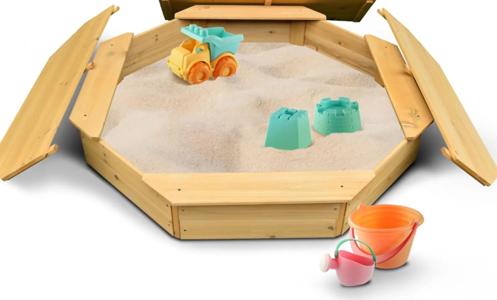 Little Helper Sand & Water Table & Sandpits & Mud Kitchens | Kids Large Hexagonal Eco Timber Wooden Sandpit with Wooden Lid Cover | 1.3m diameter