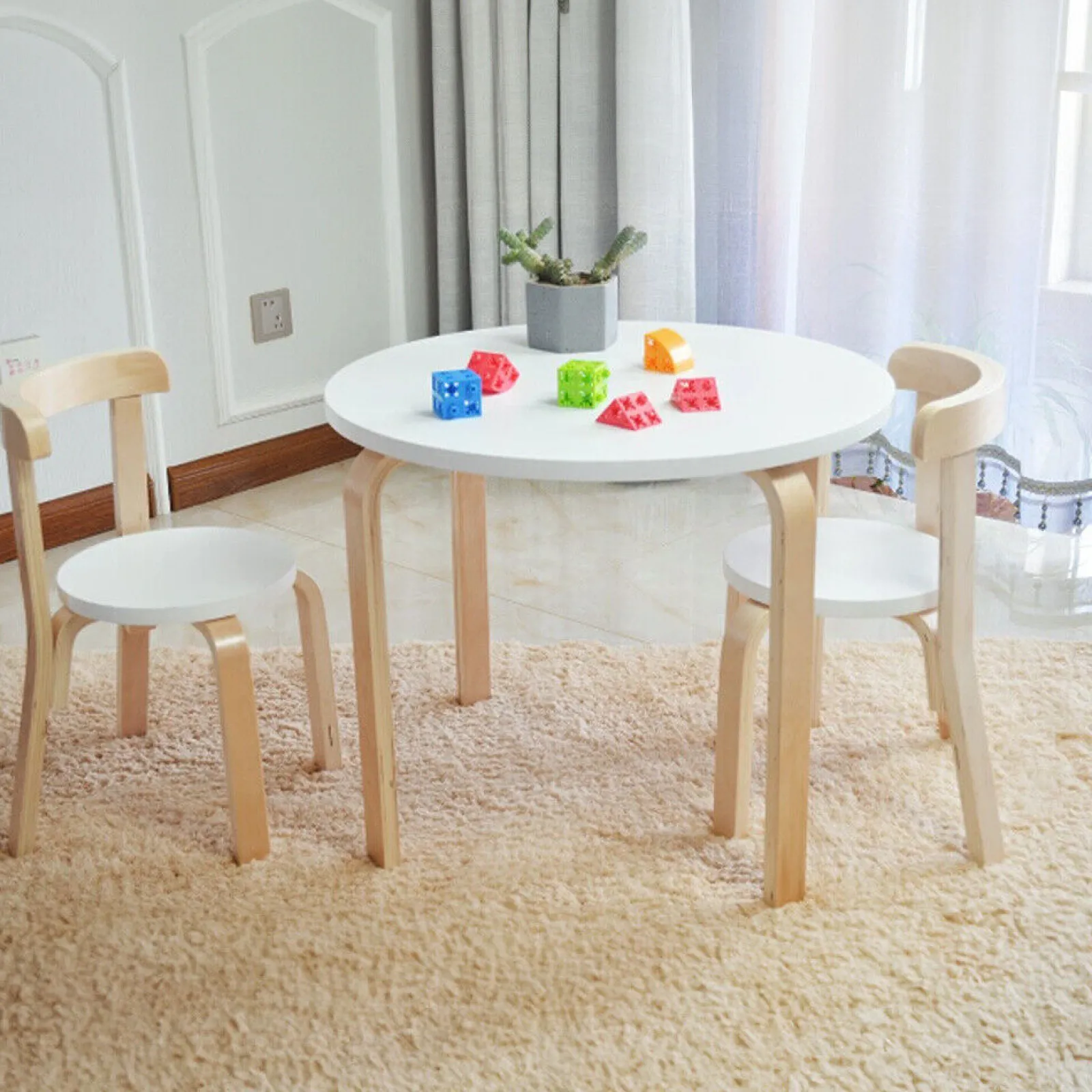 Little Helper Montessori Toys & Products | Table & Chairs (wooden) | Kids Montessori Eco Poplar Wood & Birch Table | 2 Ergonomic Chairs | White & Natural | 2-10 Years+
