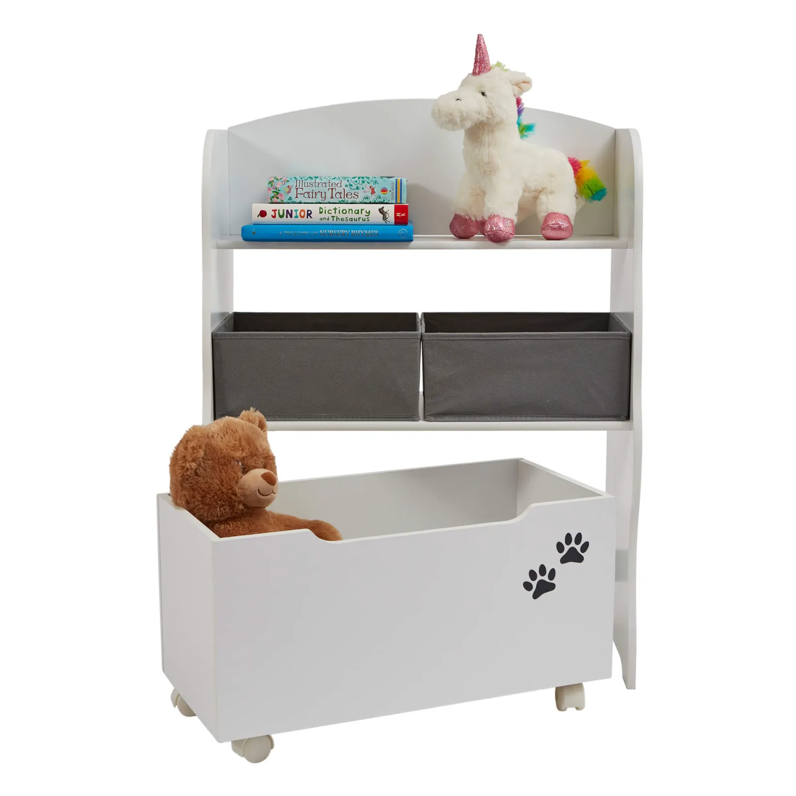 Little Helper Montessori Toys & Products | Toy Storage Units | Kid's Montessori Wooden Bookcase & Toy Storage Unit | Rollout Drawer & Boxes | Dog & Cat Design
