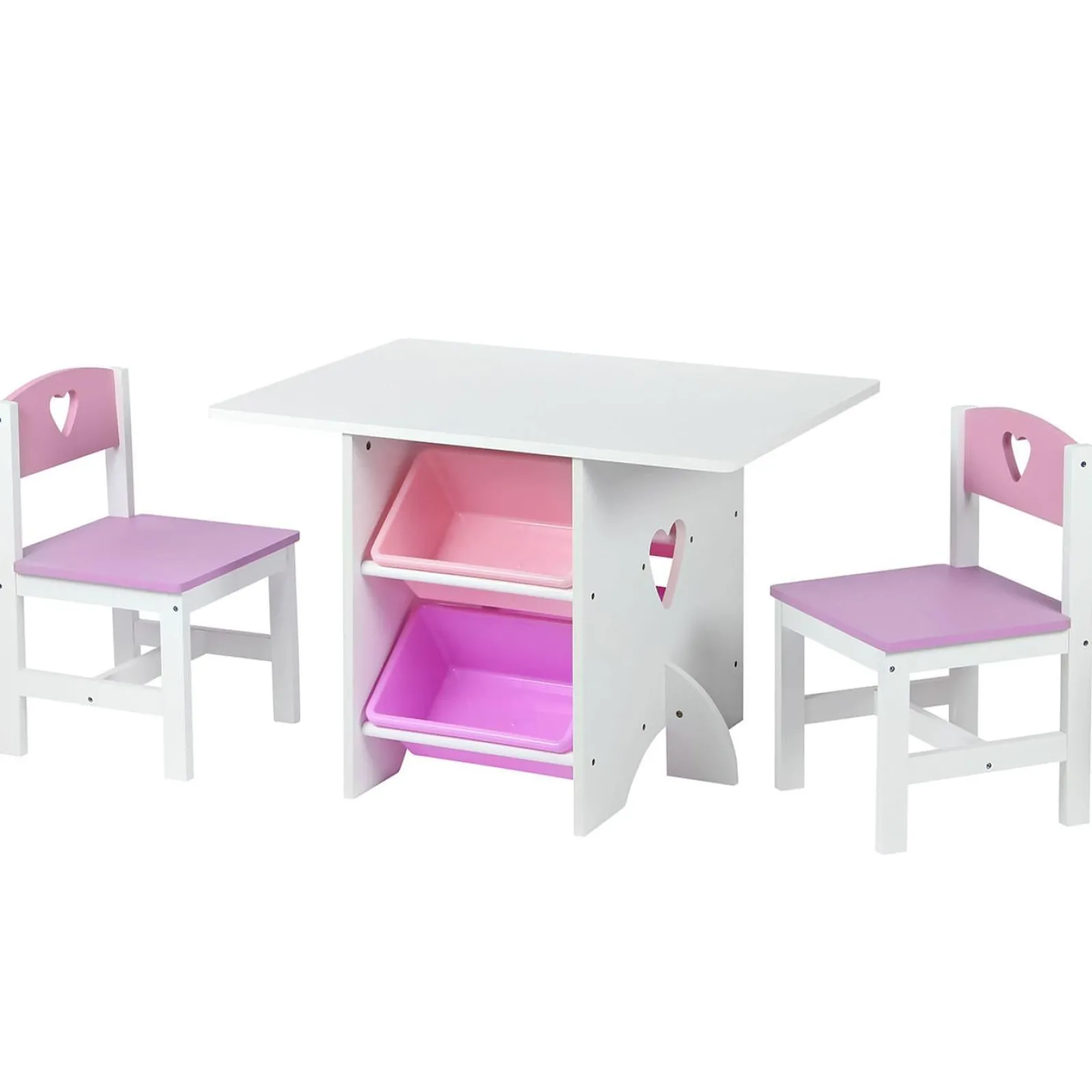Little Helper Table & Chairs (wooden) | Kids Wooden Table & 2 Chairs Set | 4 Large Storage Bins | White & PInk | 3 years+