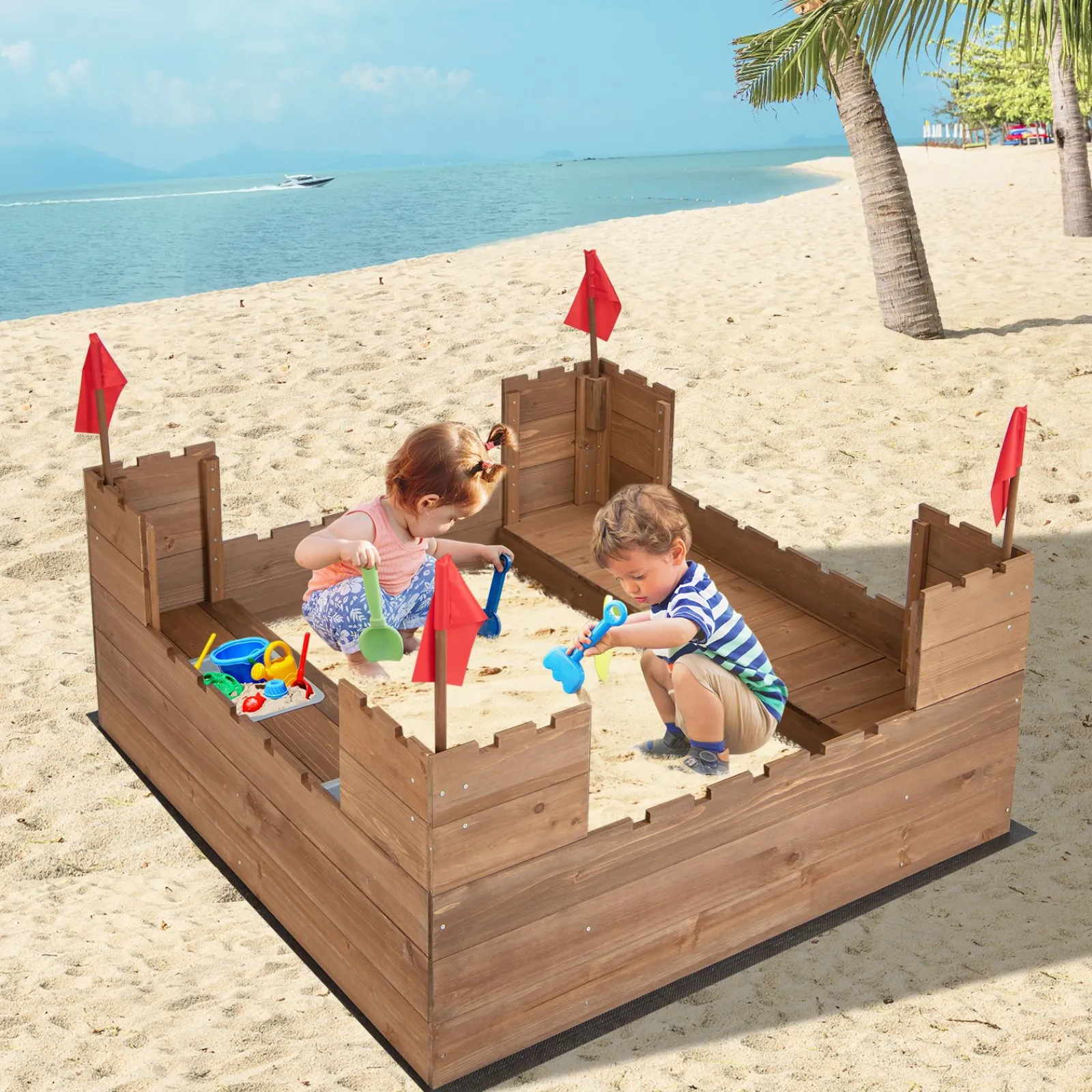Little Helper Sand & Water Table & Sandpits & Mud Kitchens | Large Castle Themed Eco 100% Natural Cedar Wood Waterproof Sandpit | Seating | Storage | 3-8 years