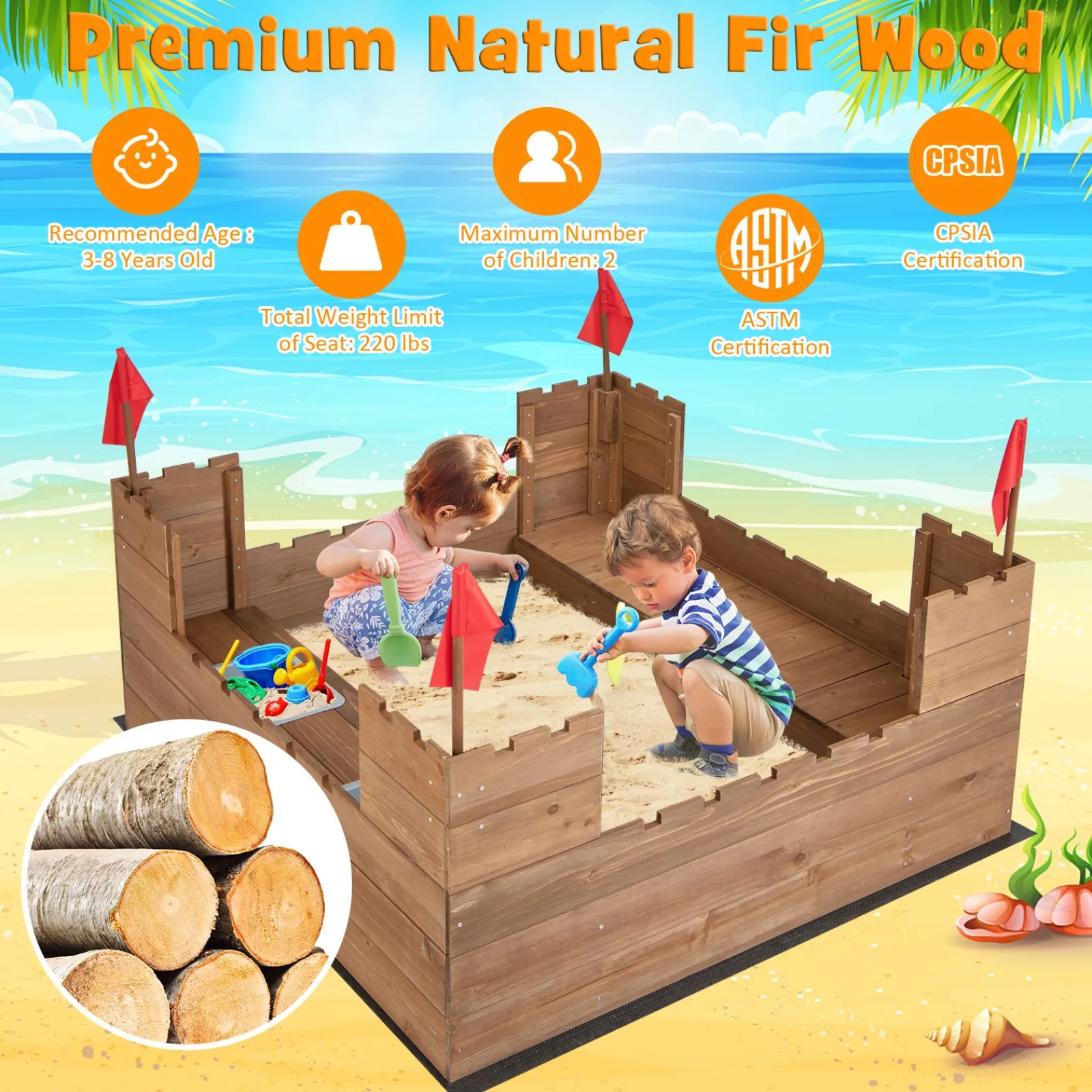 Little Helper Sand & Water Table & Sandpits & Mud Kitchens | Large Castle Themed Eco 100% Natural Cedar Wood Waterproof Sandpit | Seating | Storage | 3-8 years