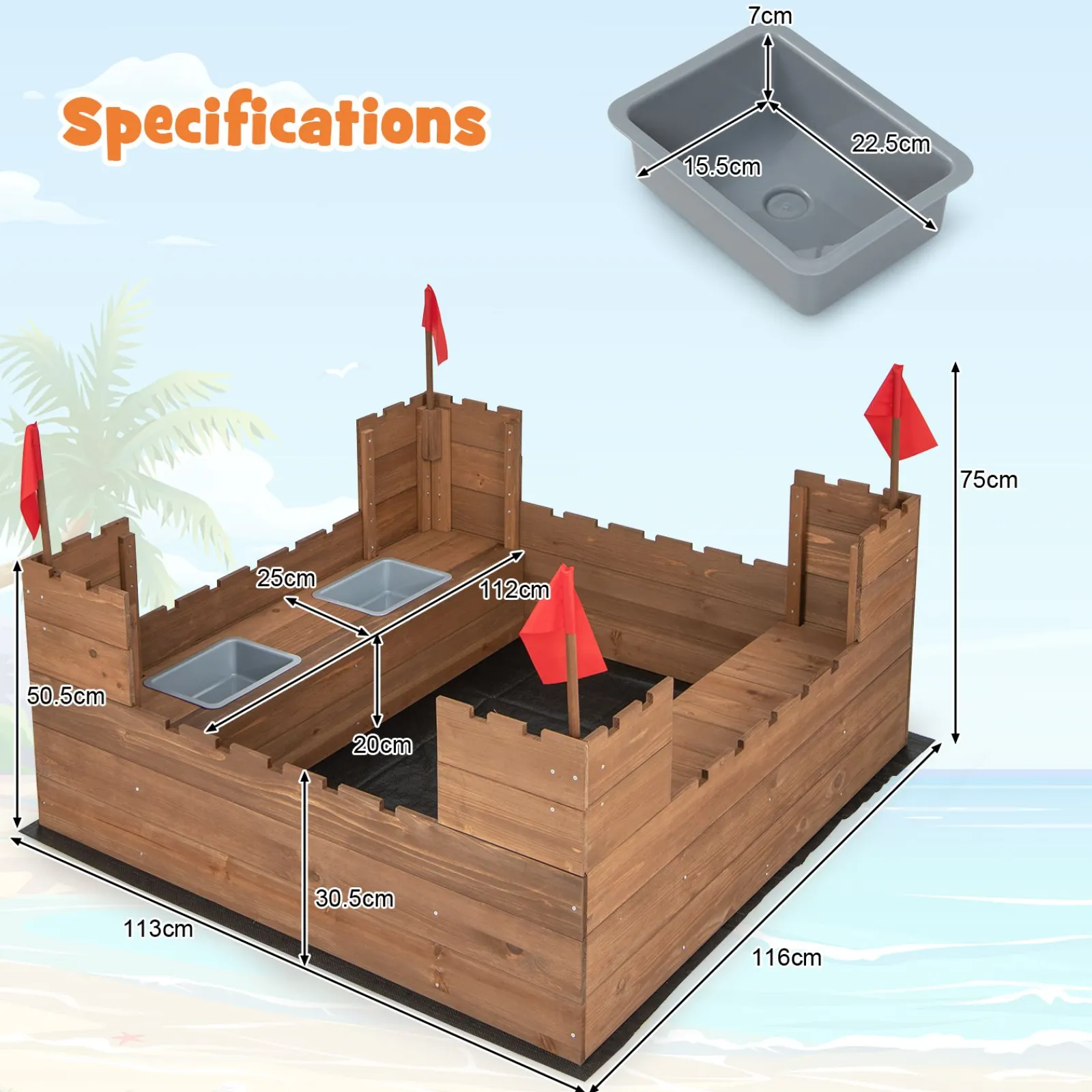 Little Helper Sand & Water Table & Sandpits & Mud Kitchens | Large Castle Themed Eco 100% Natural Cedar Wood Waterproof Sandpit | Seating | Storage | 3-8 years
