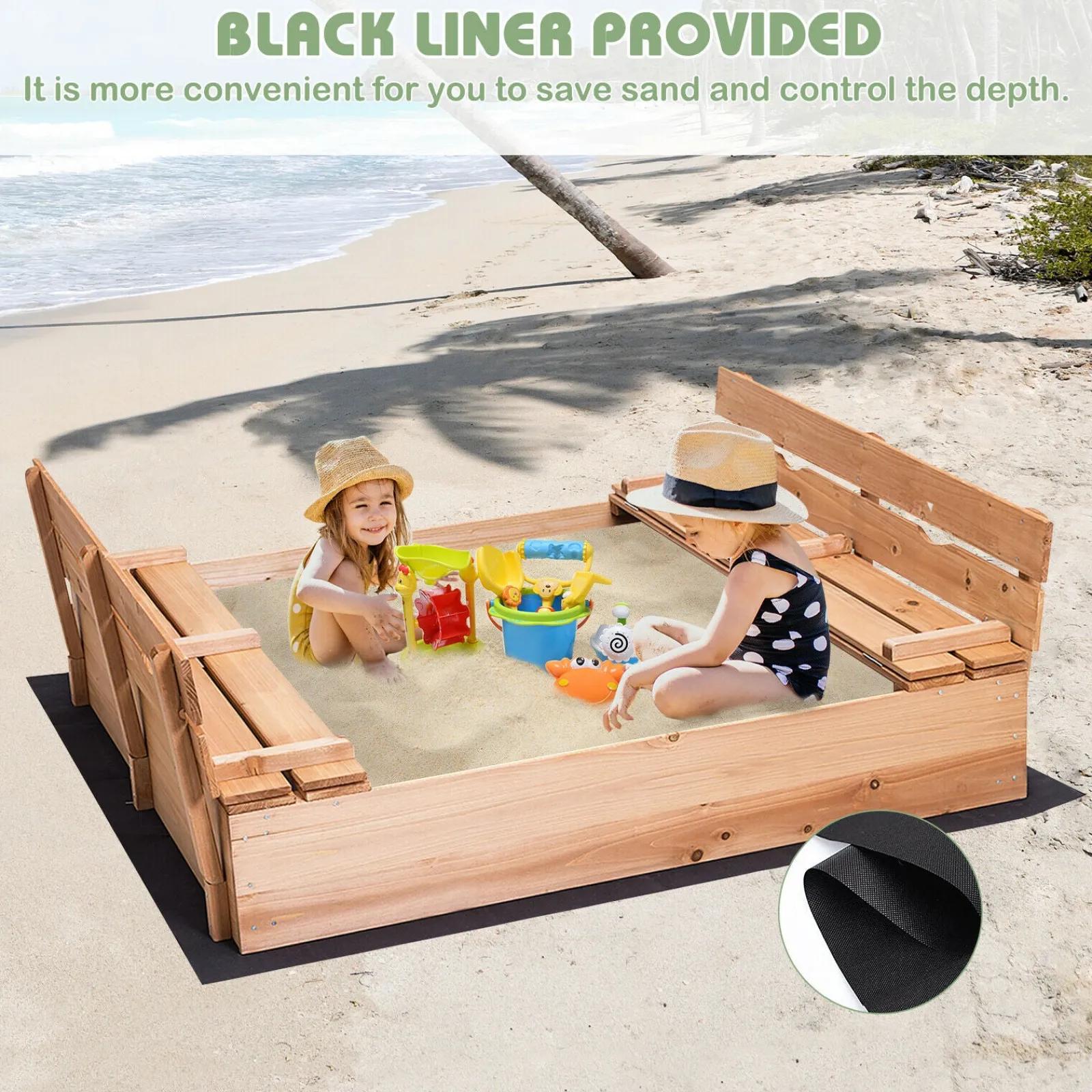 Little Helper Sand & Water Table & Sandpits & Mud Kitchens | Large Childrens Eco Conscious FSC Certified 100% Natural Wooden Sandpit with Lid, Seats & Base Liner | 2-12 years | 1.2 x 1.14m Square