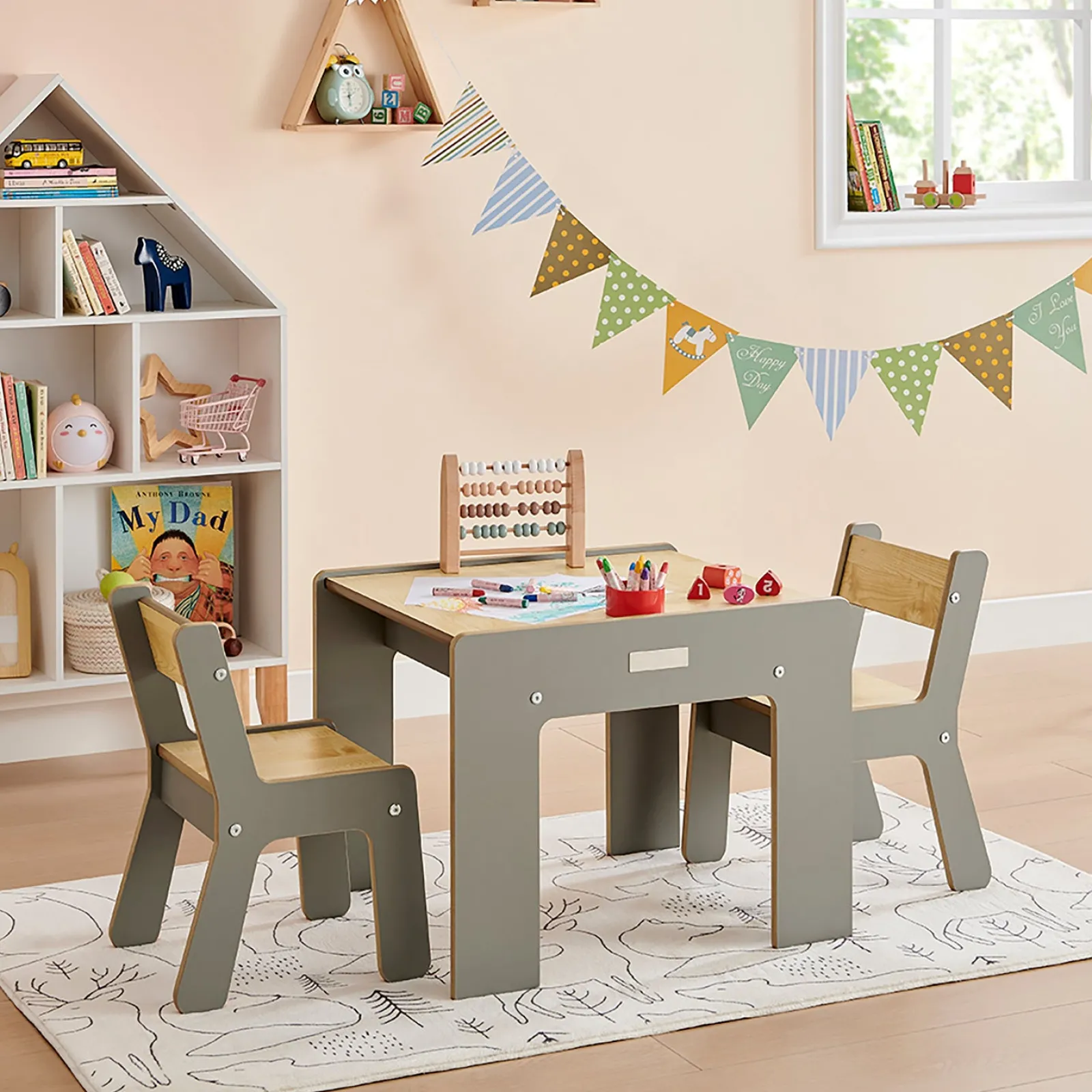Little Helper Montessori Toys & Products | Table & Chairs (wooden) | Montessori Wood FunStation Duo Childrens Table & Chairs Set for 2 | Grey