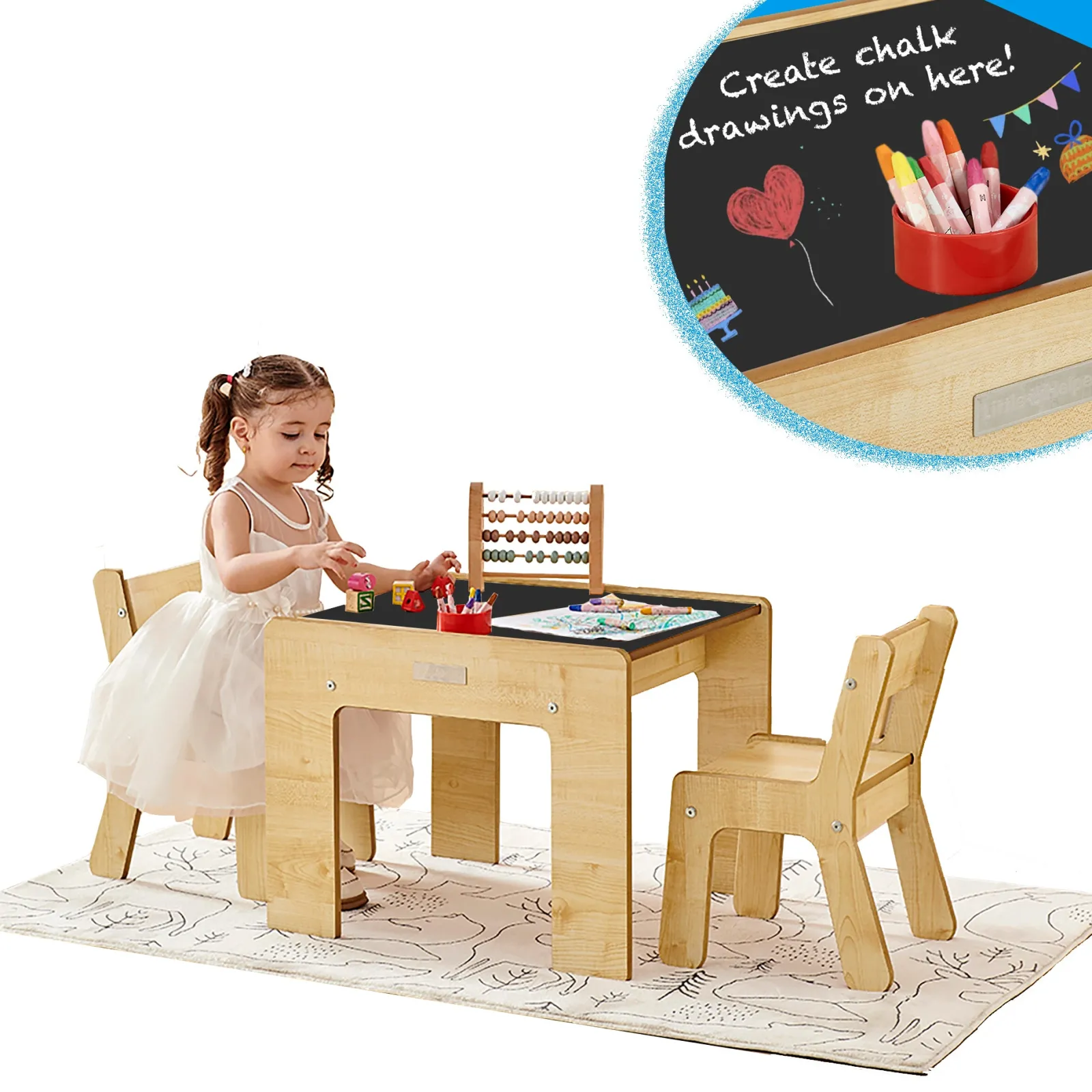 Little Helper Montessori Toys & Products | Table & Chairs (wooden) | Montessori Wood FunStation Duo Kids Table & Chairs Set for 2 | Chalky