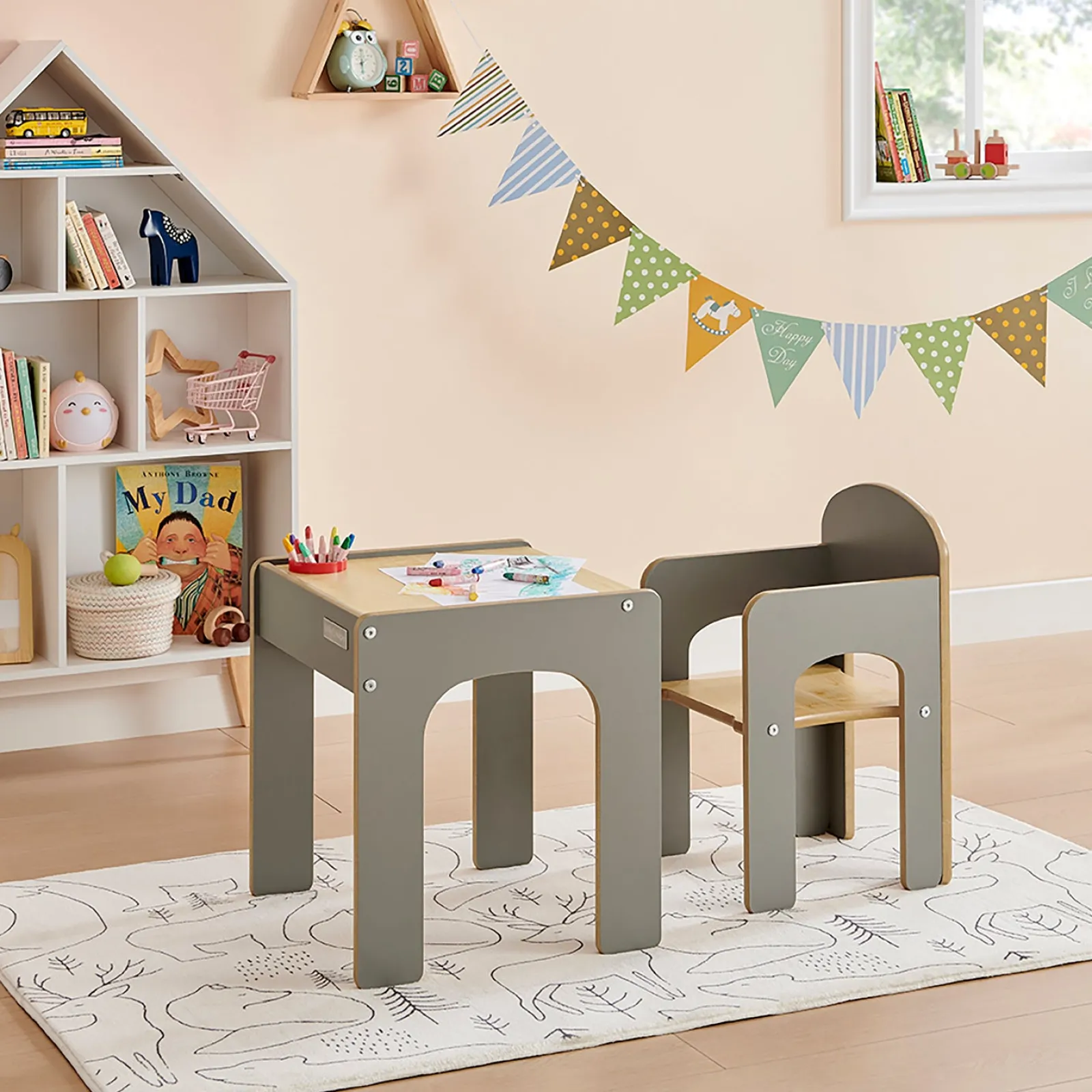 Little Helper Table & Chairs (wooden) | Wooden Toddler Table and Chair for Arts, Crafts & Mealtimes | Grey/Natural