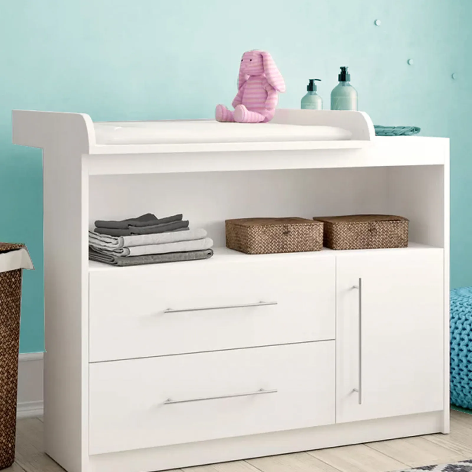 Little Helper Changing Units & Changing Tables & Dressers | Modern Baby Changing Unit | Storage Shelf | 2 Drawers | Cupboard & Removable Topper | White