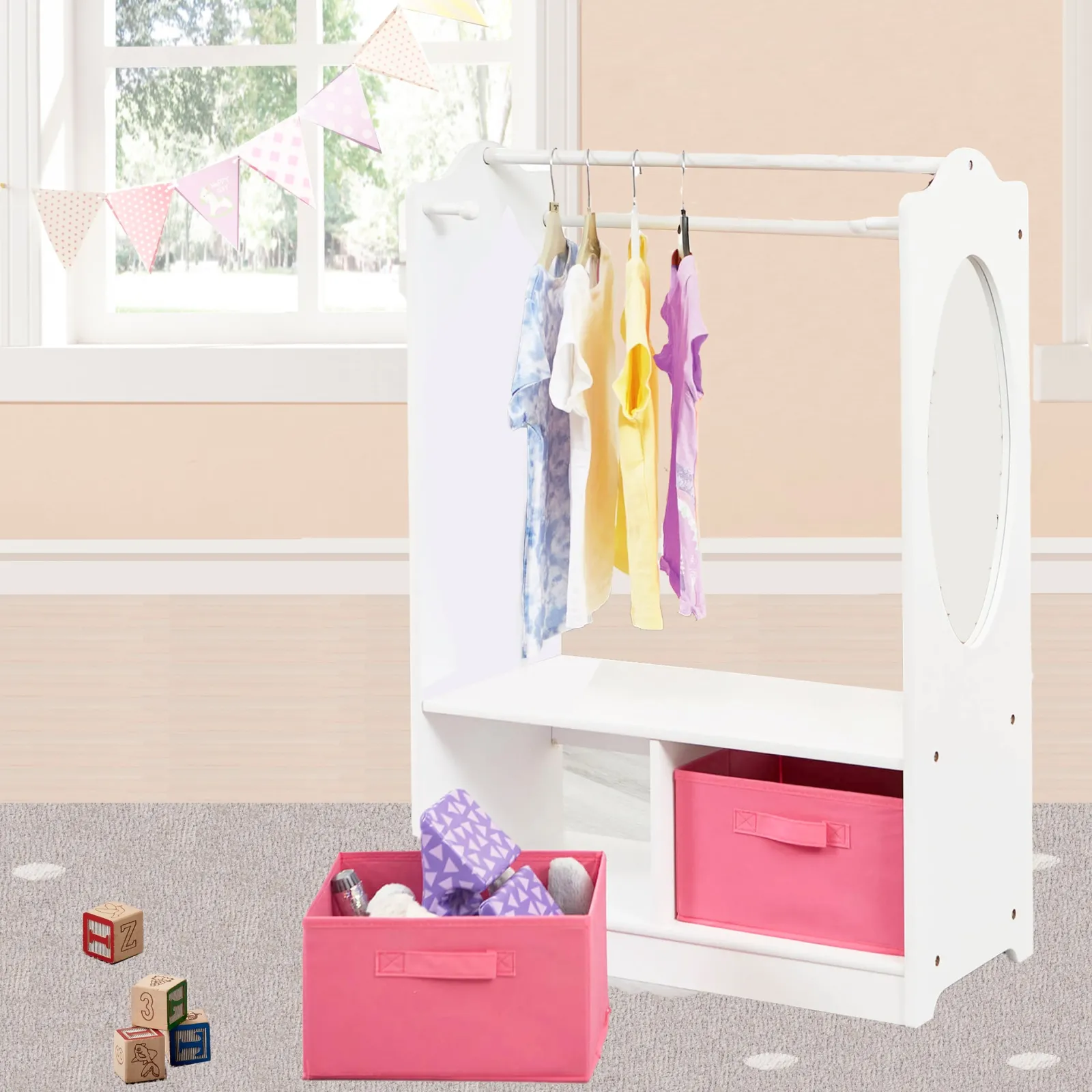 Little Helper Role Play Toys & Pretend Play | Montessori Toys & Products | Modern Montessori Wooden Children's Clothes Rail with Storage & Mirror | 90cm High | White & Pink
