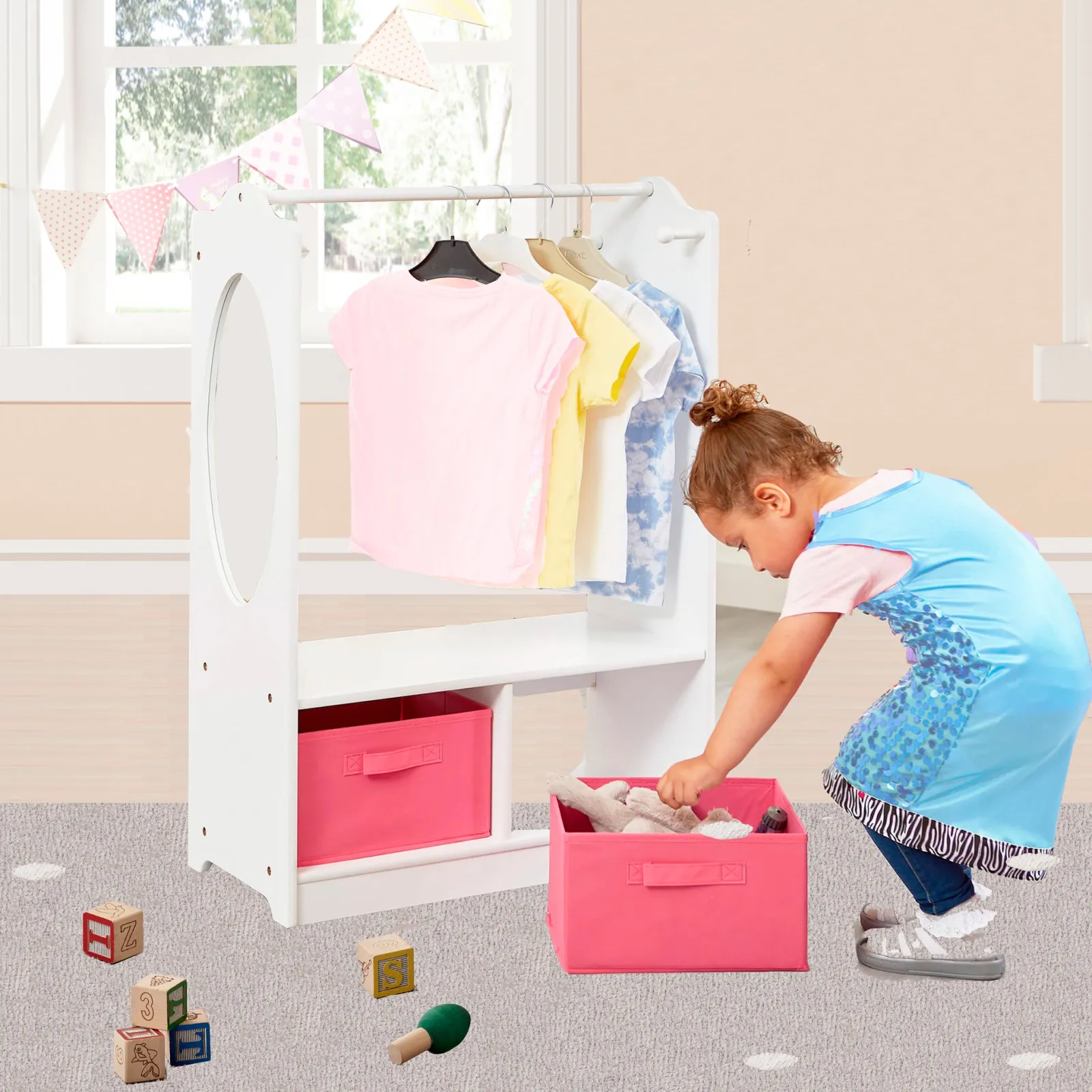 Little Helper Role Play Toys & Pretend Play | Montessori Toys & Products | Modern Montessori Wooden Children's Clothes Rail with Storage & Mirror | 90cm High | White & Pink