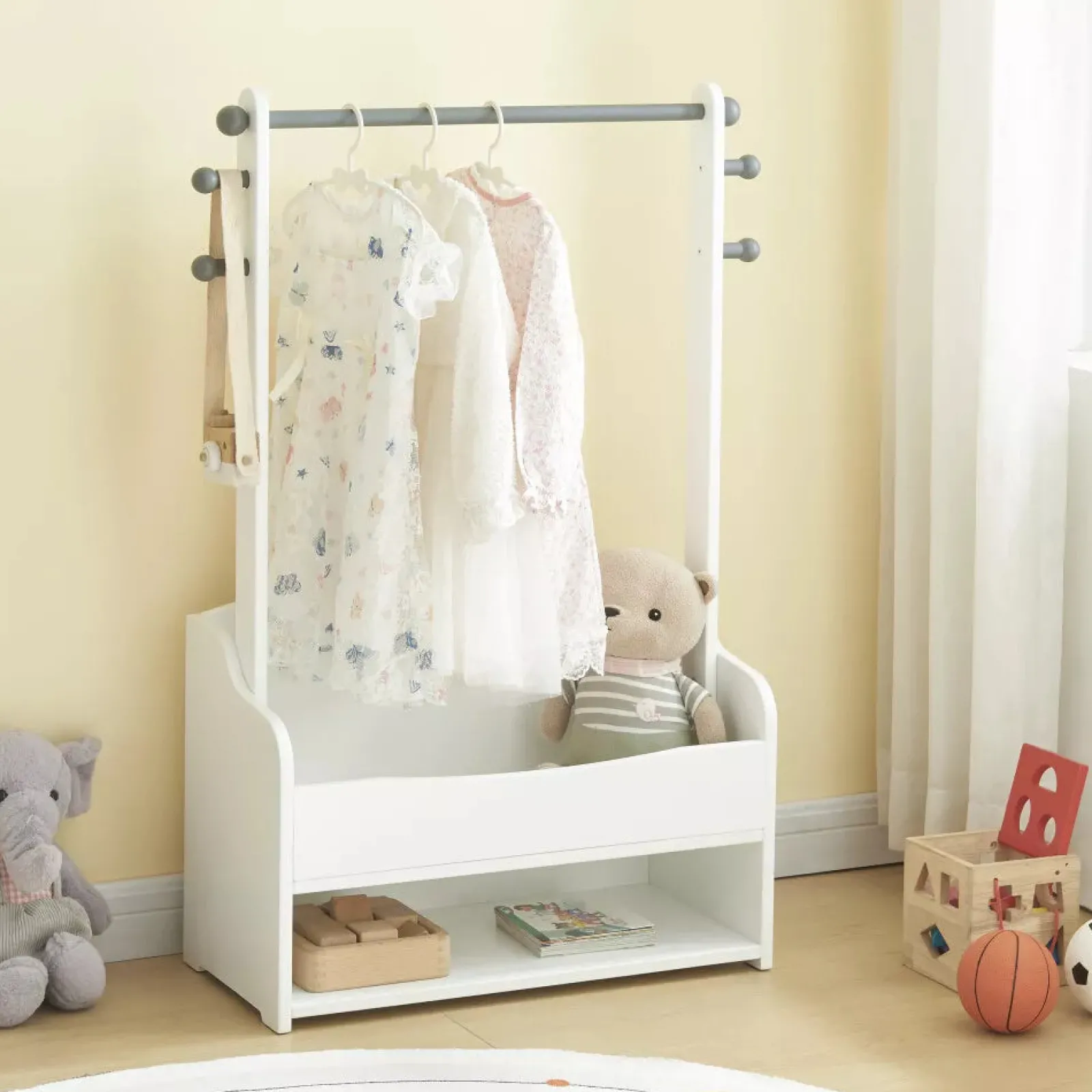 Little Helper Montessori Toys & Products | Clothes Rail & Dressing Up Rails | Montessori Childrens Clothes Rail | Kids Dress Up Rail | with Storage | White & Grey