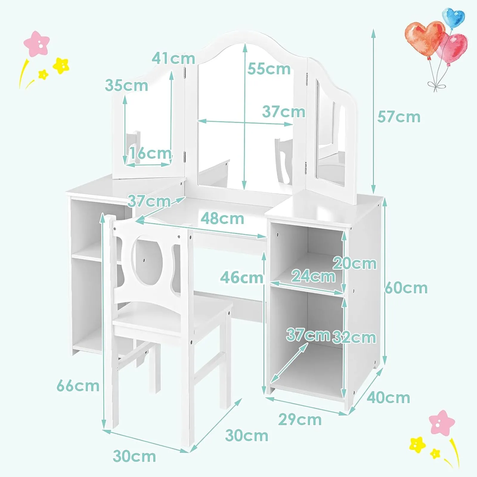 Little Helper Table & Chairs (wooden) | Dressing Tables & Vanity Tables | Montessori 2-in-1 Homework Desk & Vanity Dressing Table & Chair | Bureau | Storage | White | 3-10 Years